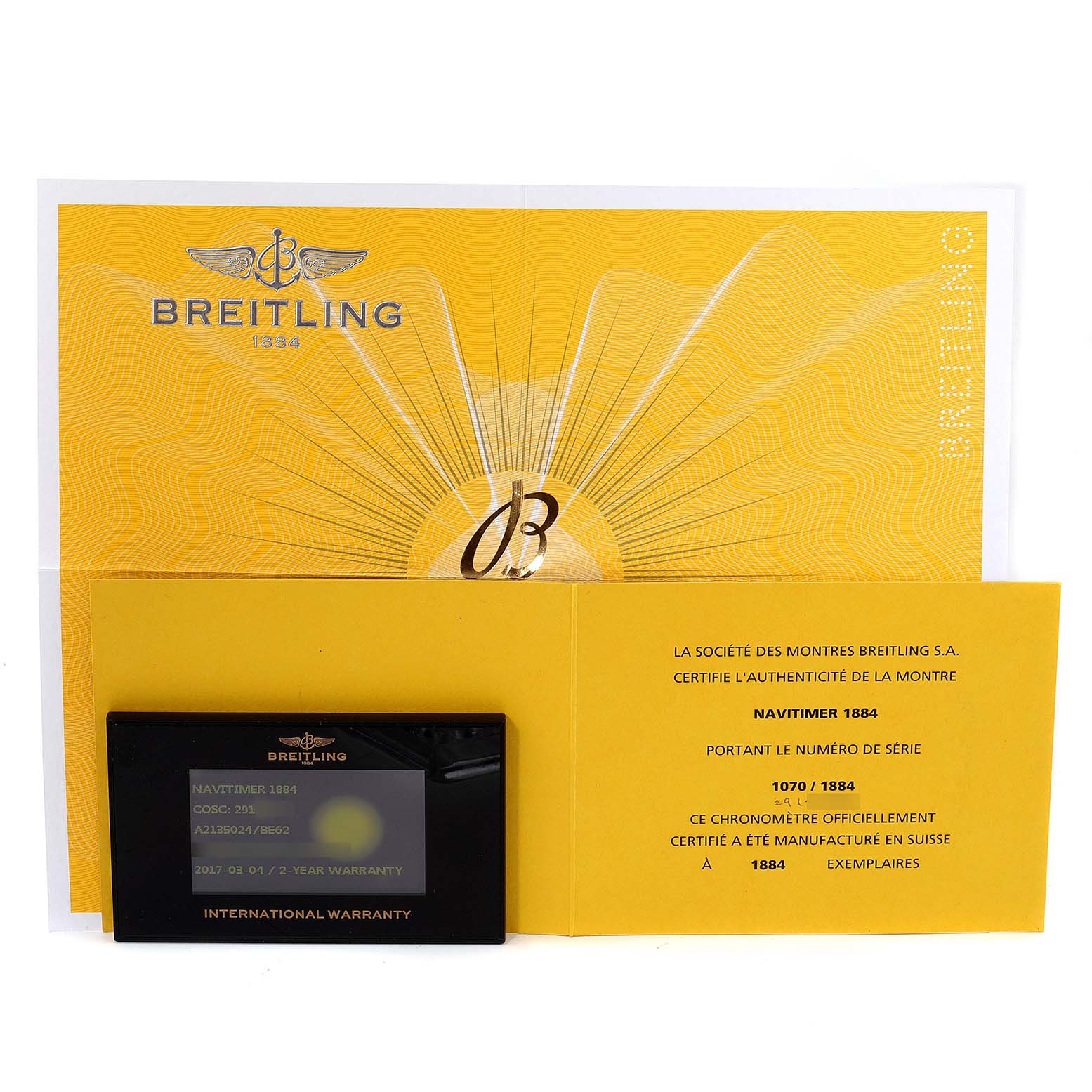 The image shows authentication and warranty documents for a Breitling Navitimer A2135024/BE62-453A Men's Stainless Steel Black Dial A2135024/BE62-453A Men's Stainless Steel Black Dial model watch.