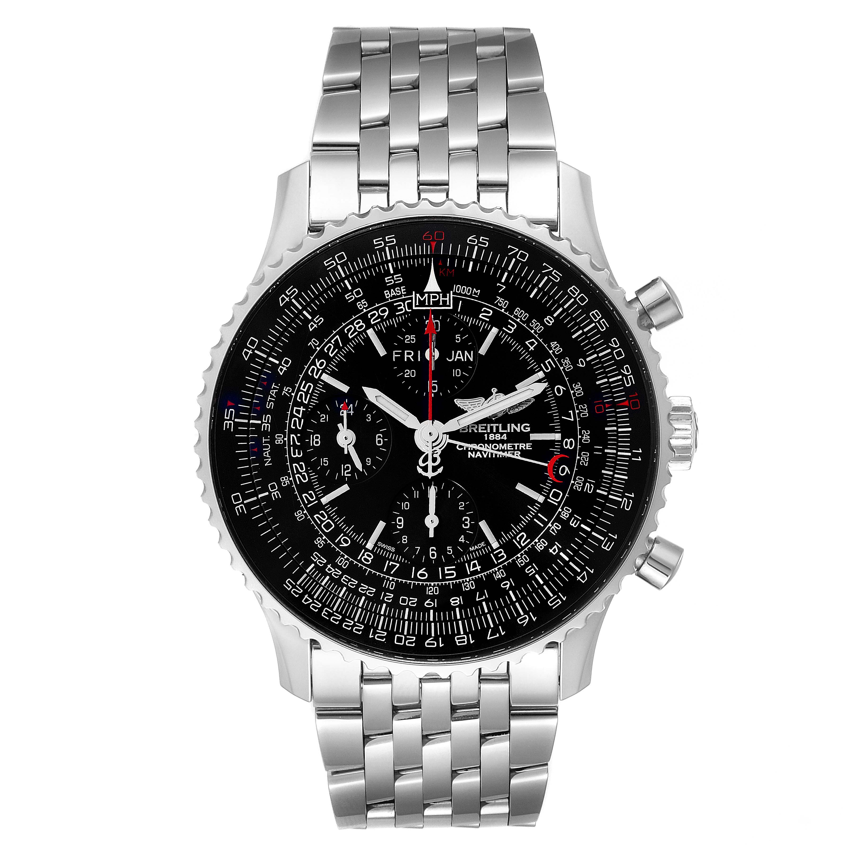 This image shows a frontal view of a Breitling Navitimer A2135024/BE62-453A Men's Stainless Steel Black Dial A2135024/BE62-453A Men's Stainless Steel Black Dial watch, displaying its face, bezel, and metal bracelet.