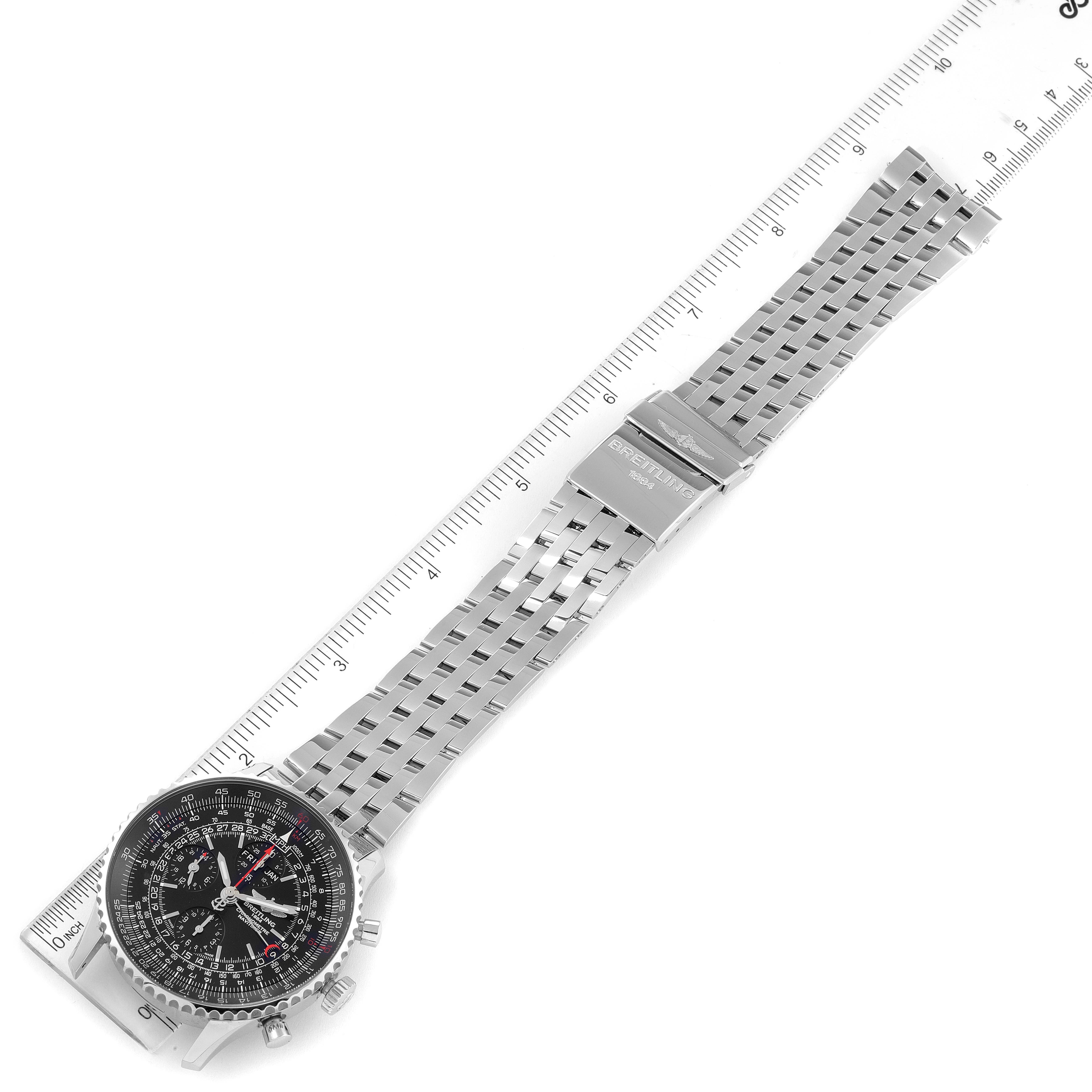 This image shows the front view of a Breitling Navitimer A2135024/BE62-453A Men's Stainless Steel Black Dial A2135024/BE62-453A Men's Stainless Steel Black Dial watch with its face and metal bracelet fully visible along with a ruler for scale.