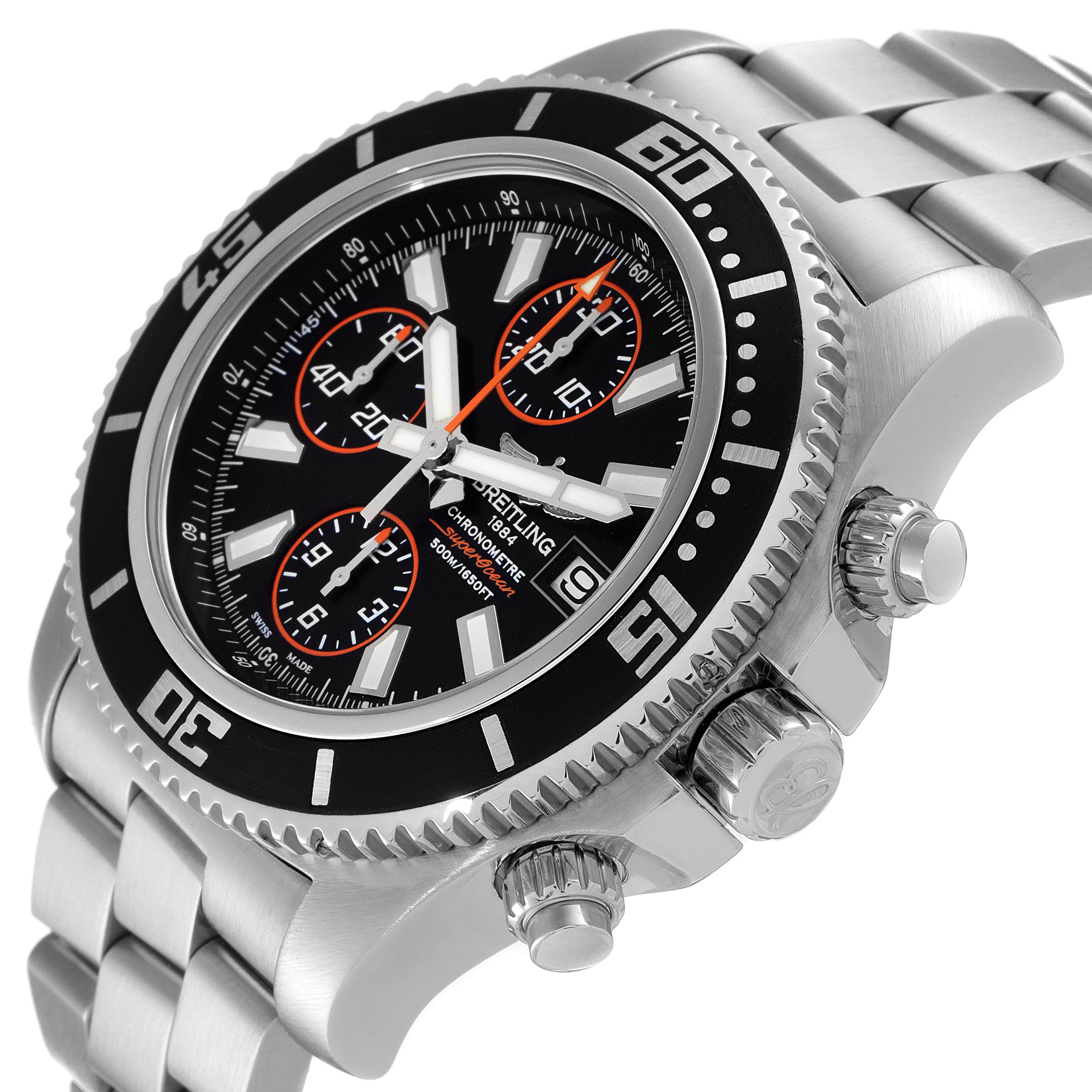 The image shows a close-up angle of a Breitling Superocean A13341 Men's Stainless Steel Black Dial A13341 Men's Stainless Steel Black Dial watch, highlighting the face, bezel, crown, and part of the stainless steel bracelet.