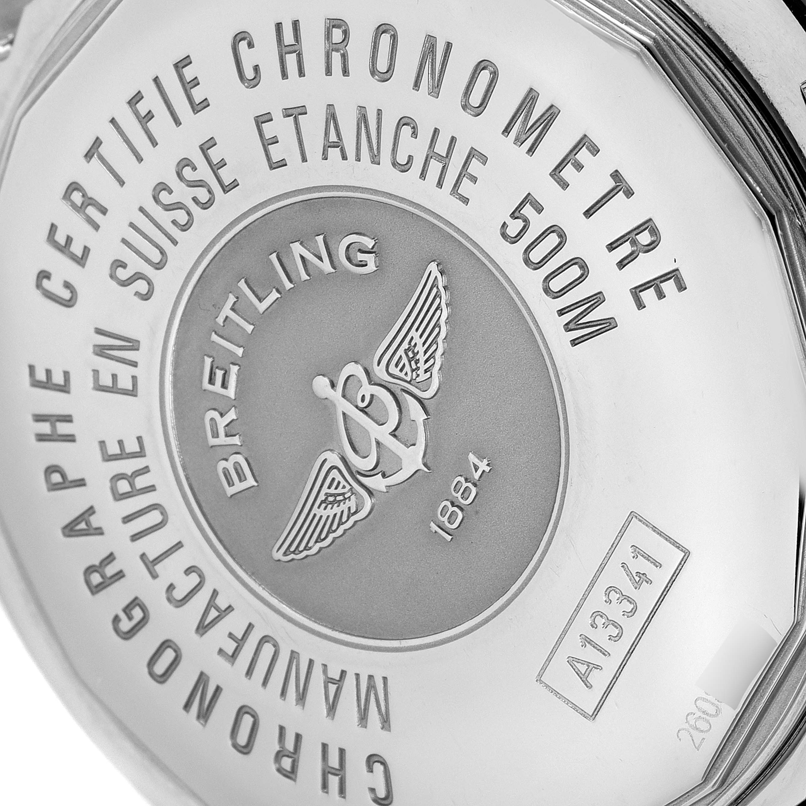 This image shows the back case of a Breitling Superocean A13341 Men's Stainless Steel Black Dial A13341 Men's Stainless Steel Black Dial watch, highlighting the branding and specifications.