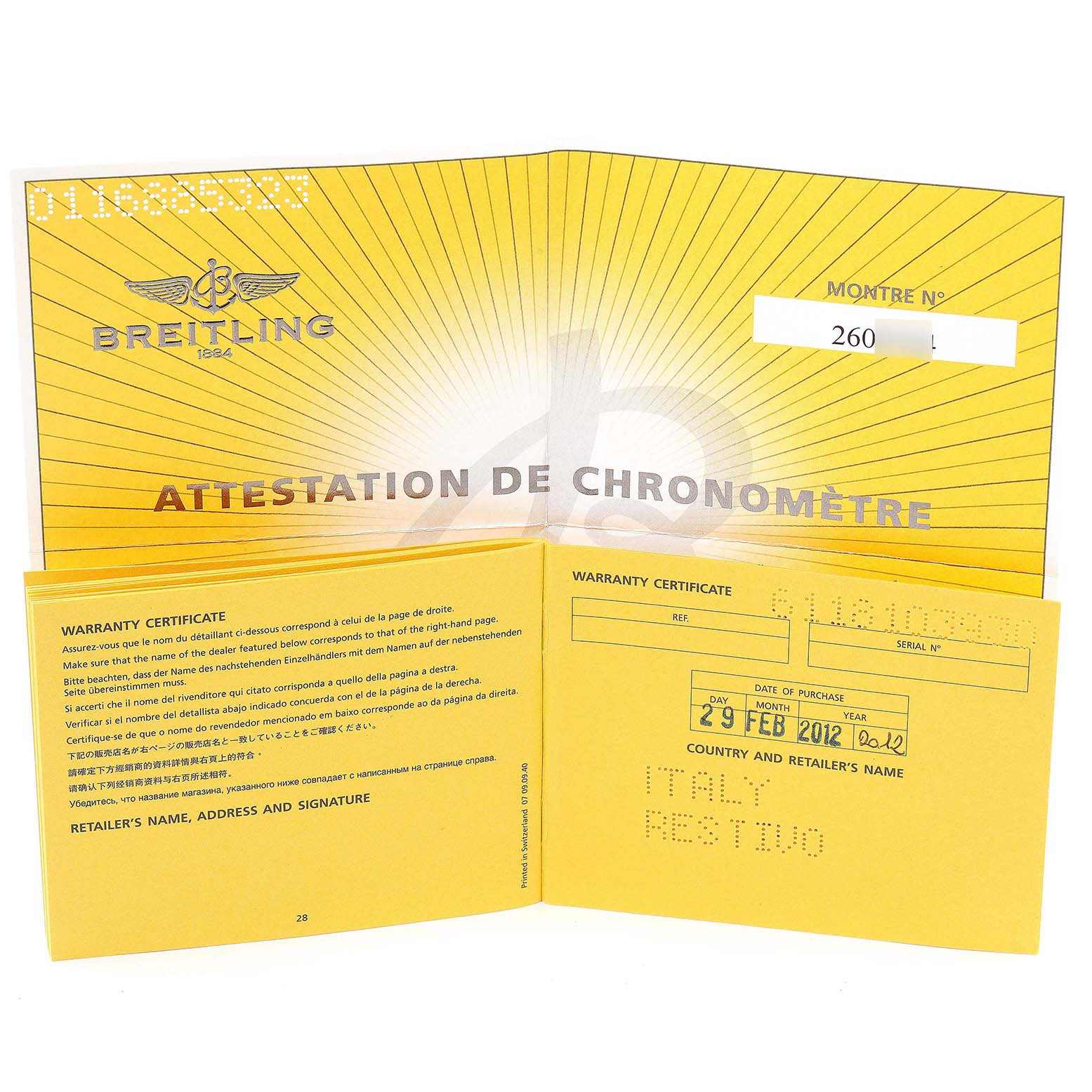 The image shows the Attestation de Chronomètre and Warranty Certificate for the Breitling Superocean A13341 Men's Stainless Steel Black Dial A13341 Men's Stainless Steel Black Dial watch.