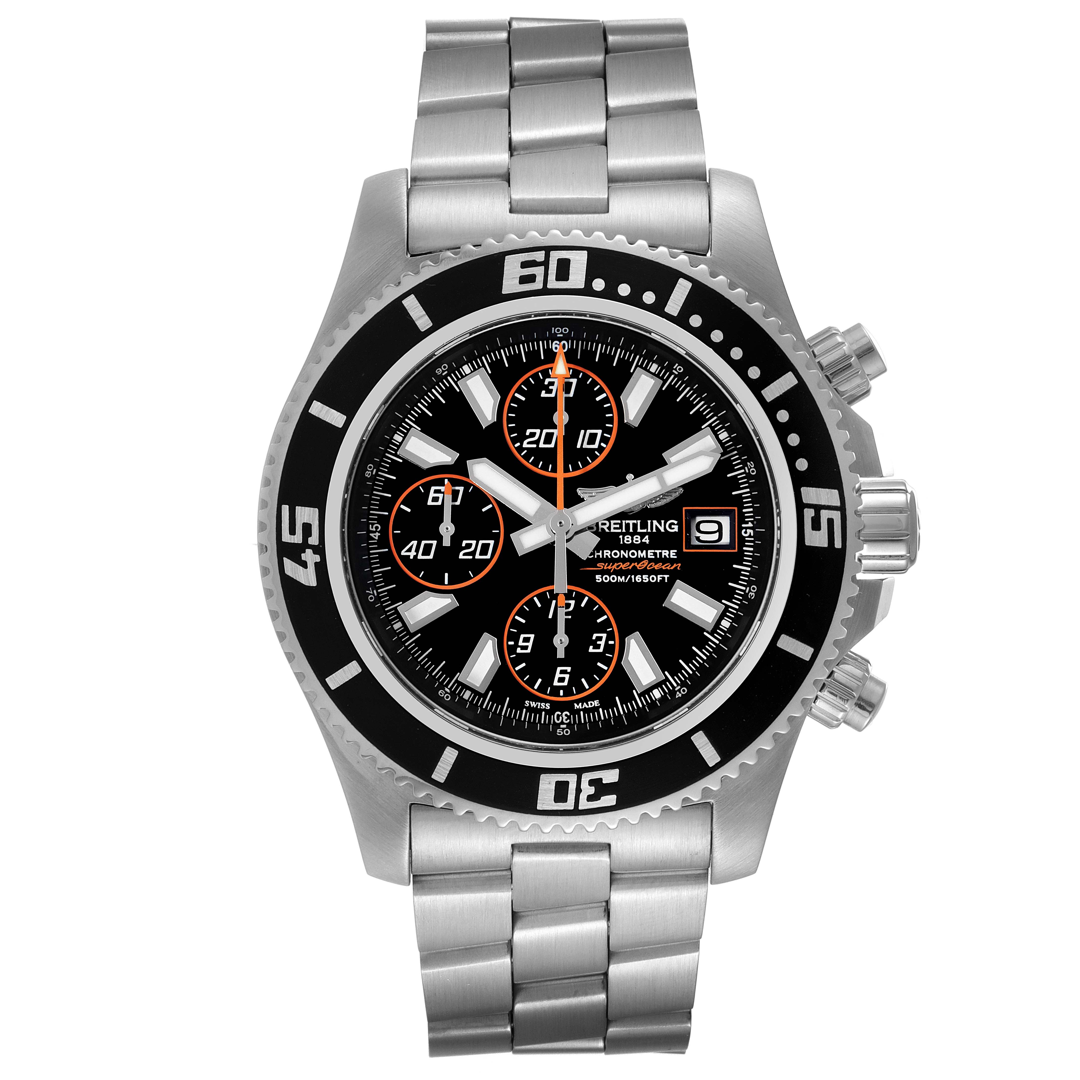 The image shows a frontal view of the Breitling Superocean A13341 Men's Stainless Steel Black Dial A13341 Men's Stainless Steel Black Dial watch, highlighting the dial, bezel, and stainless steel bracelet.