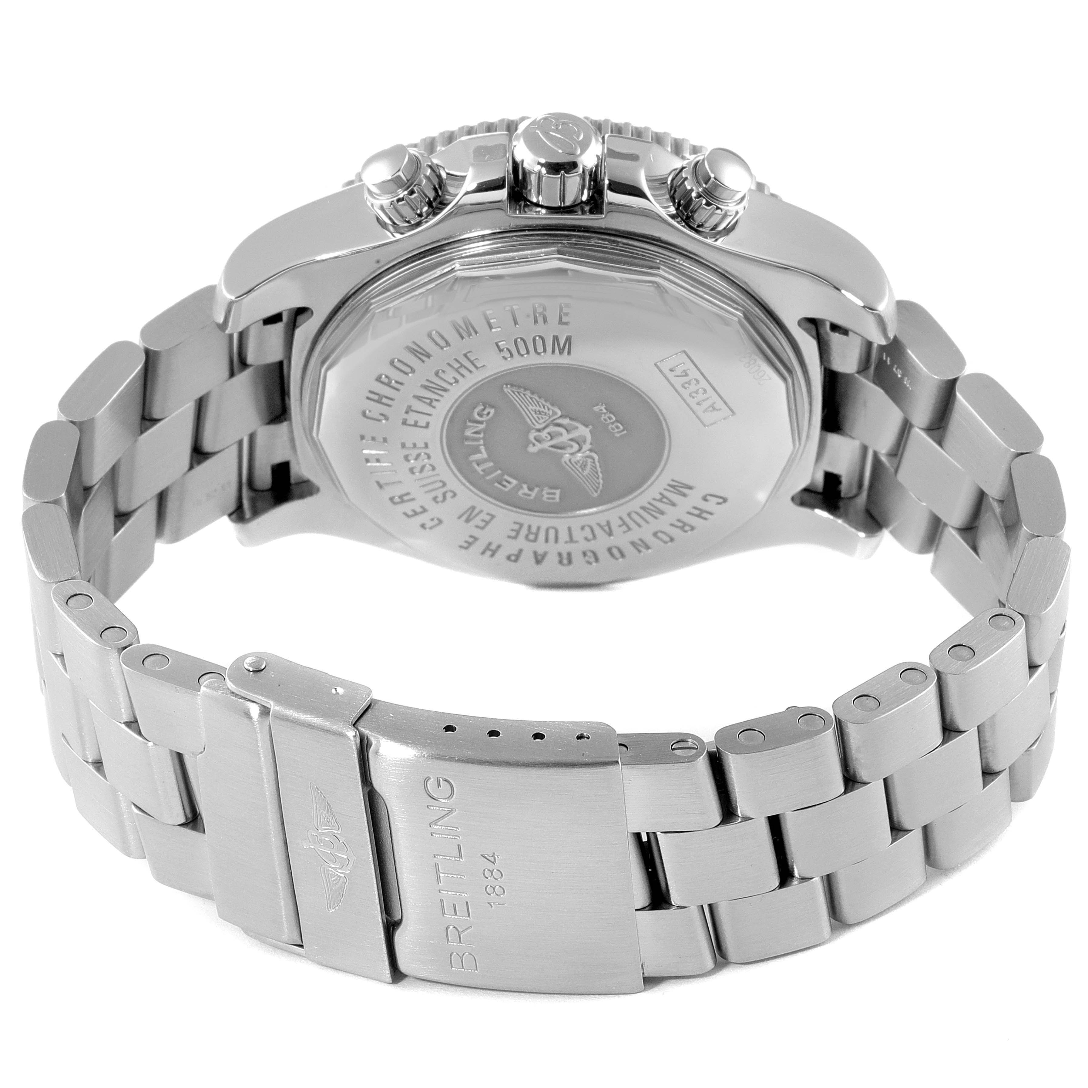 The image shows the back case and bracelet clasp of a Breitling Superocean A13341 Men's Stainless Steel Black Dial A13341 Men's Stainless Steel Black Dial watch from a rear angle.