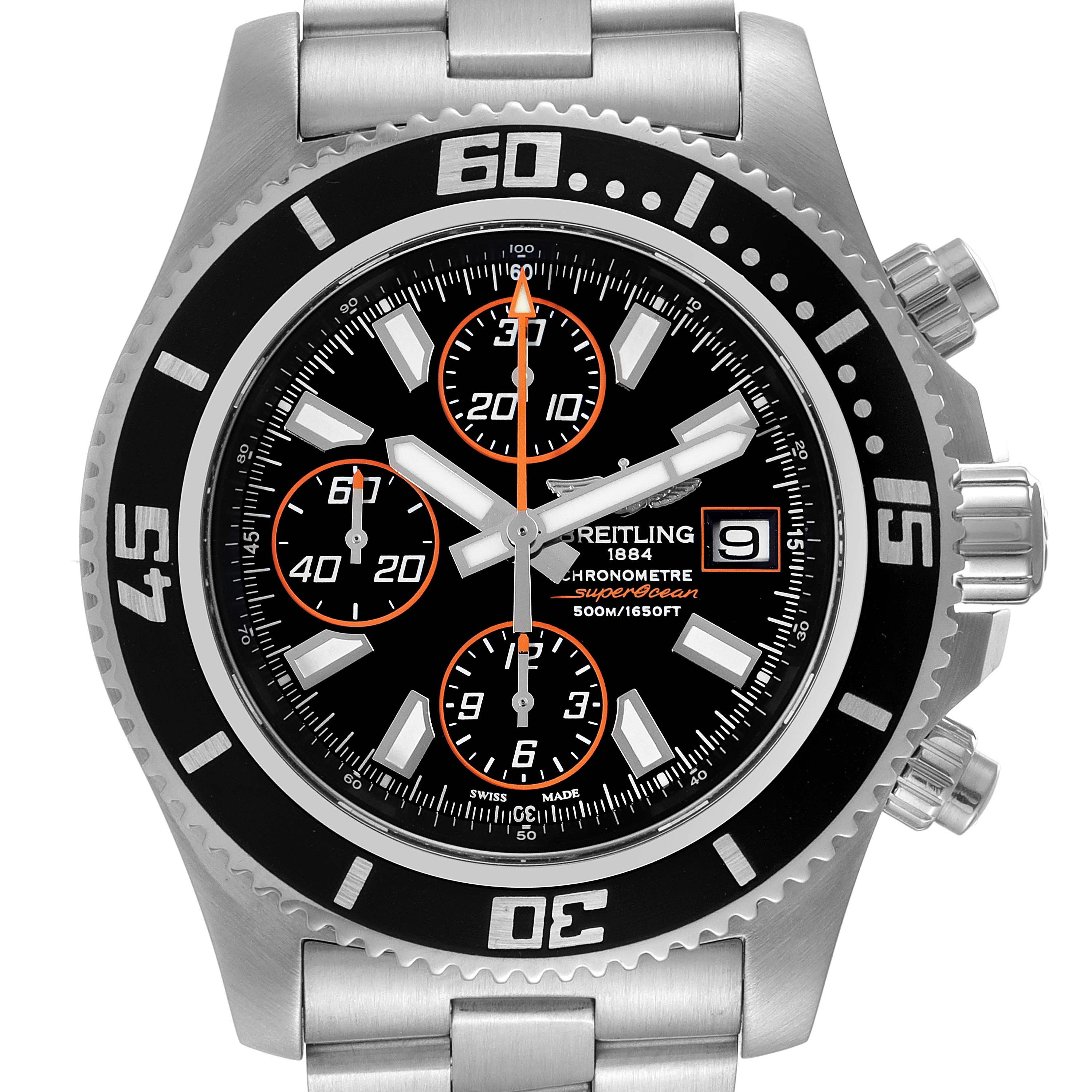 The image shows a front view of a Breitling Superocean A13341 Men's Stainless Steel Black Dial A13341 Men's Stainless Steel Black Dial watch, highlighting the bezel, dial, subdials, and date window.