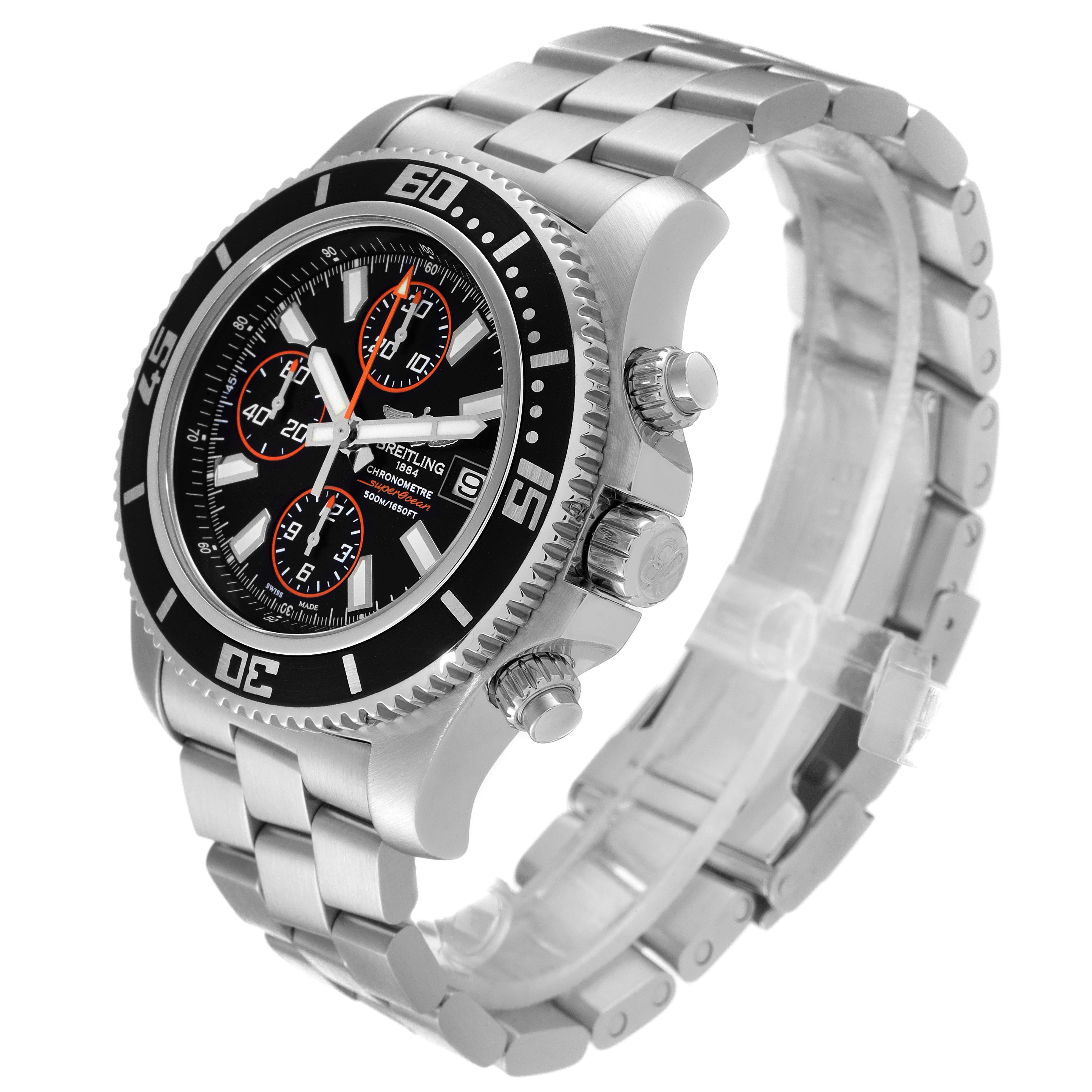 The image shows a Breitling Superocean A13341 Men's Stainless Steel Black Dial A13341 Men's Stainless Steel Black Dial watch at a three-quarter angle highlighting the face, bezel, pushers, and stainless steel bracelet.