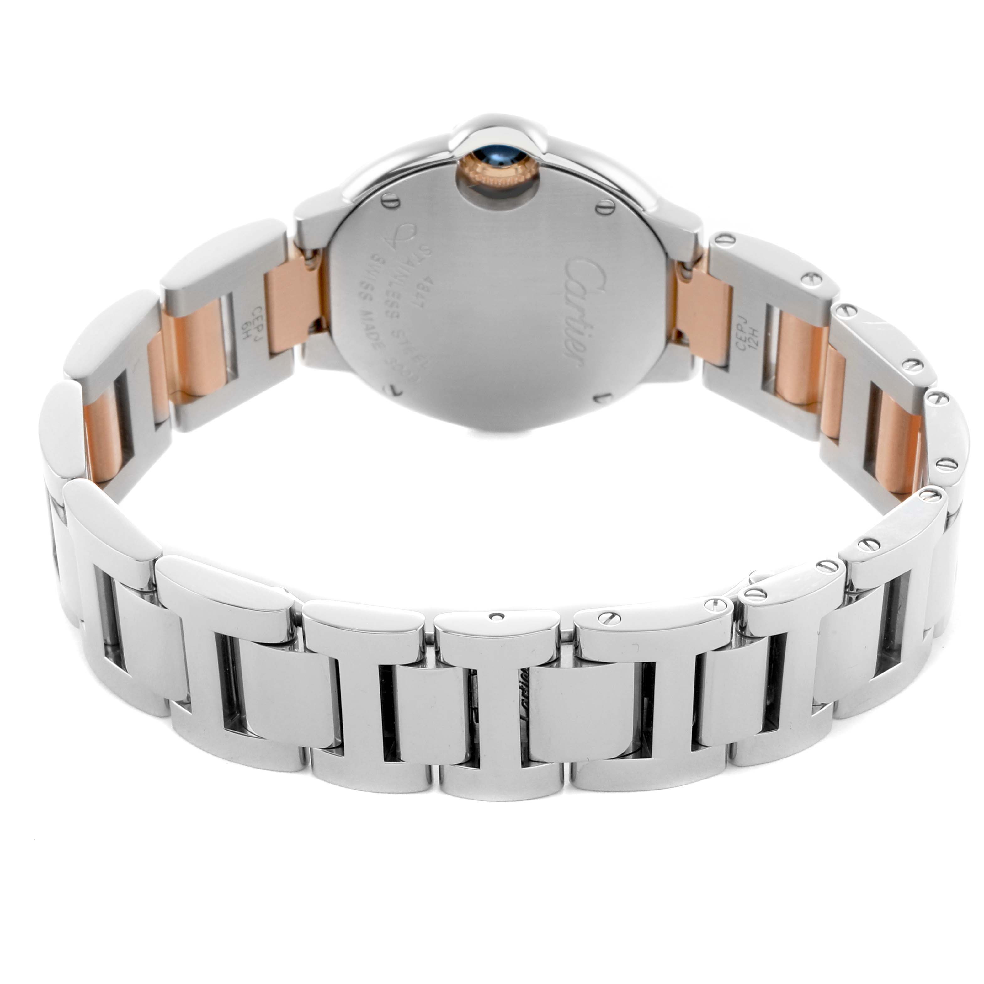 The Cartier Ballon Bleu W6920034 Men's Steel and Gold (two tone) Mother of Pearl Dial watch is shown from the back, highlighting the case back, bracelet, and crown.