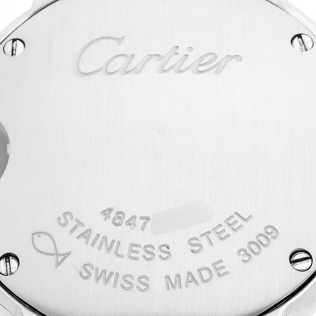 The image shows the back case of a Cartier Ballon Bleu W6920034 Men's Steel and Gold (two tone) Mother of Pearl Dial watch, featuring engraved details.