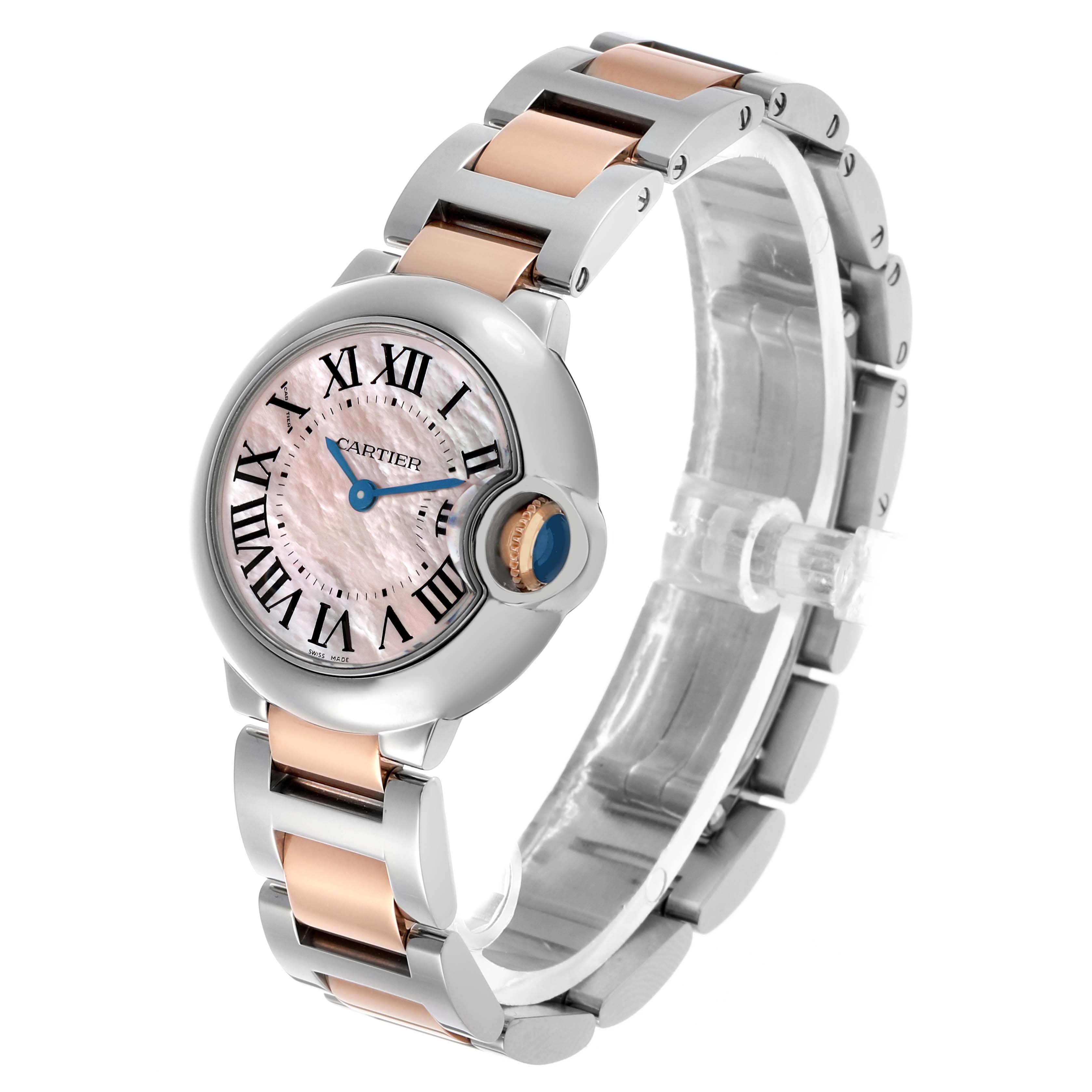 The Cartier Ballon Bleu W6920034 Men's Steel and Gold (two tone) Mother of Pearl Dial watch is shown at an angle displaying its face, crown, and metal bracelet with both steel and rose gold.