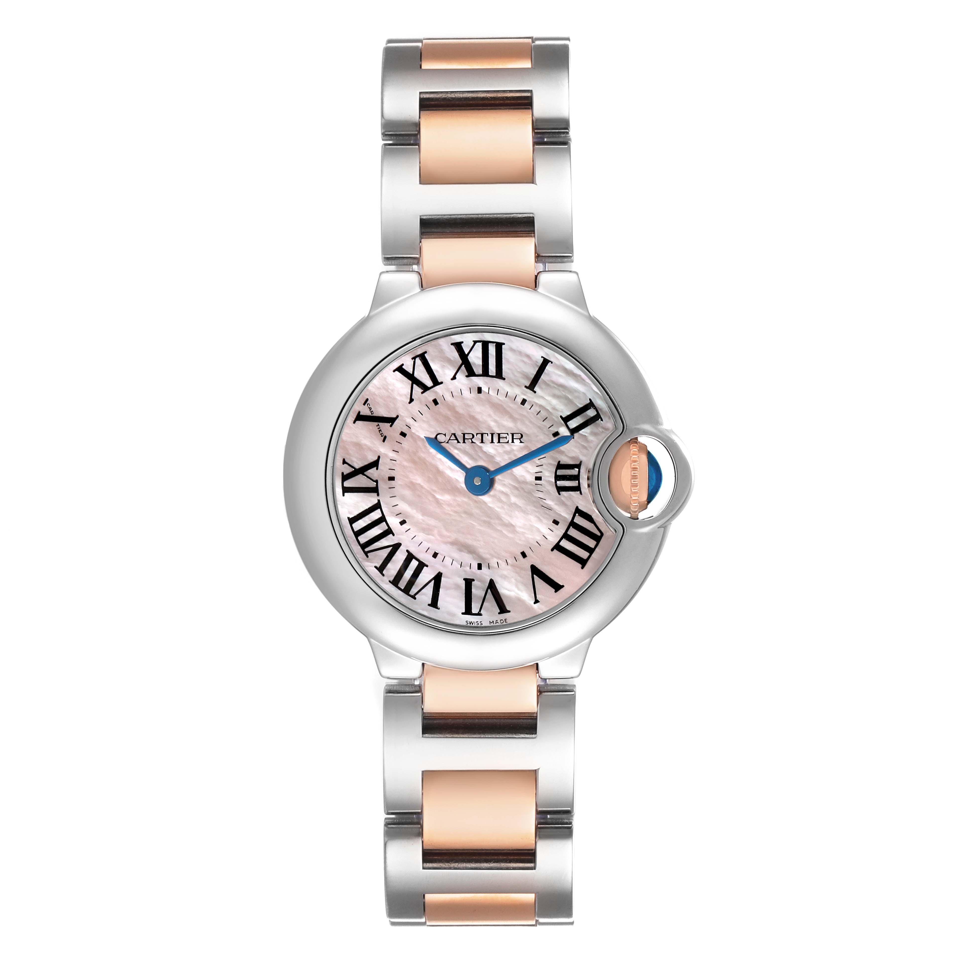 The Cartier Ballon Bleu W6920034 Men's Steel and Gold (two tone) Mother of Pearl Dial watch is shown from a top-down angle, highlighting its dial, hands, crown, and bracelet.