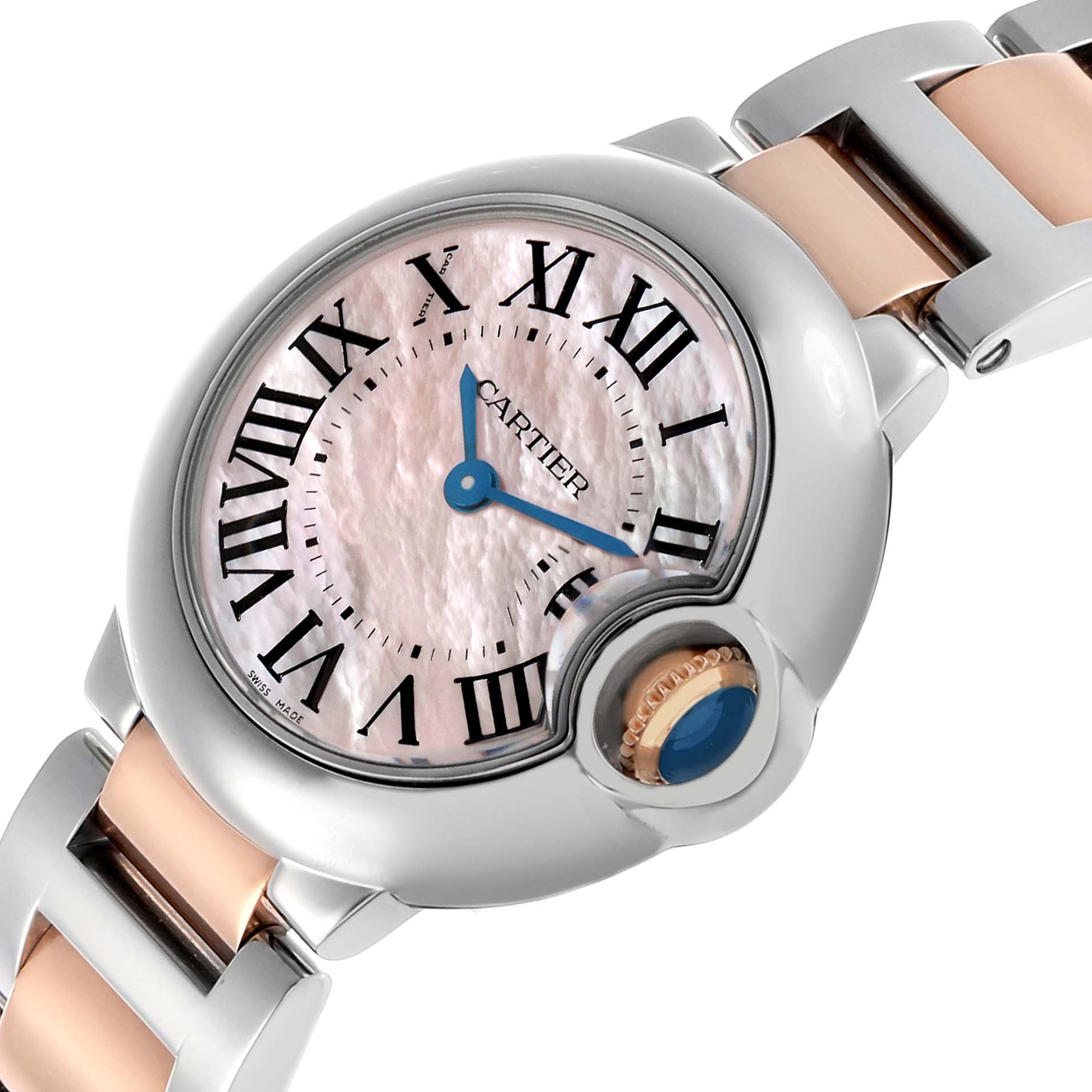 The Cartier Ballon Bleu W6920034 Men's Steel and Gold (two tone) Mother of Pearl Dial watch is shown at an angled top view, highlighting the dial, crown, and part of the bracelet.