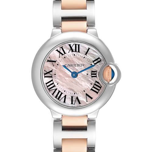 The Cartier Ballon Bleu W6920034 Men's Steel and Gold (two tone) Mother of Pearl Dial watch is shown from the front, highlighting the dial, Roman numerals, hands, crown, and bracelet.