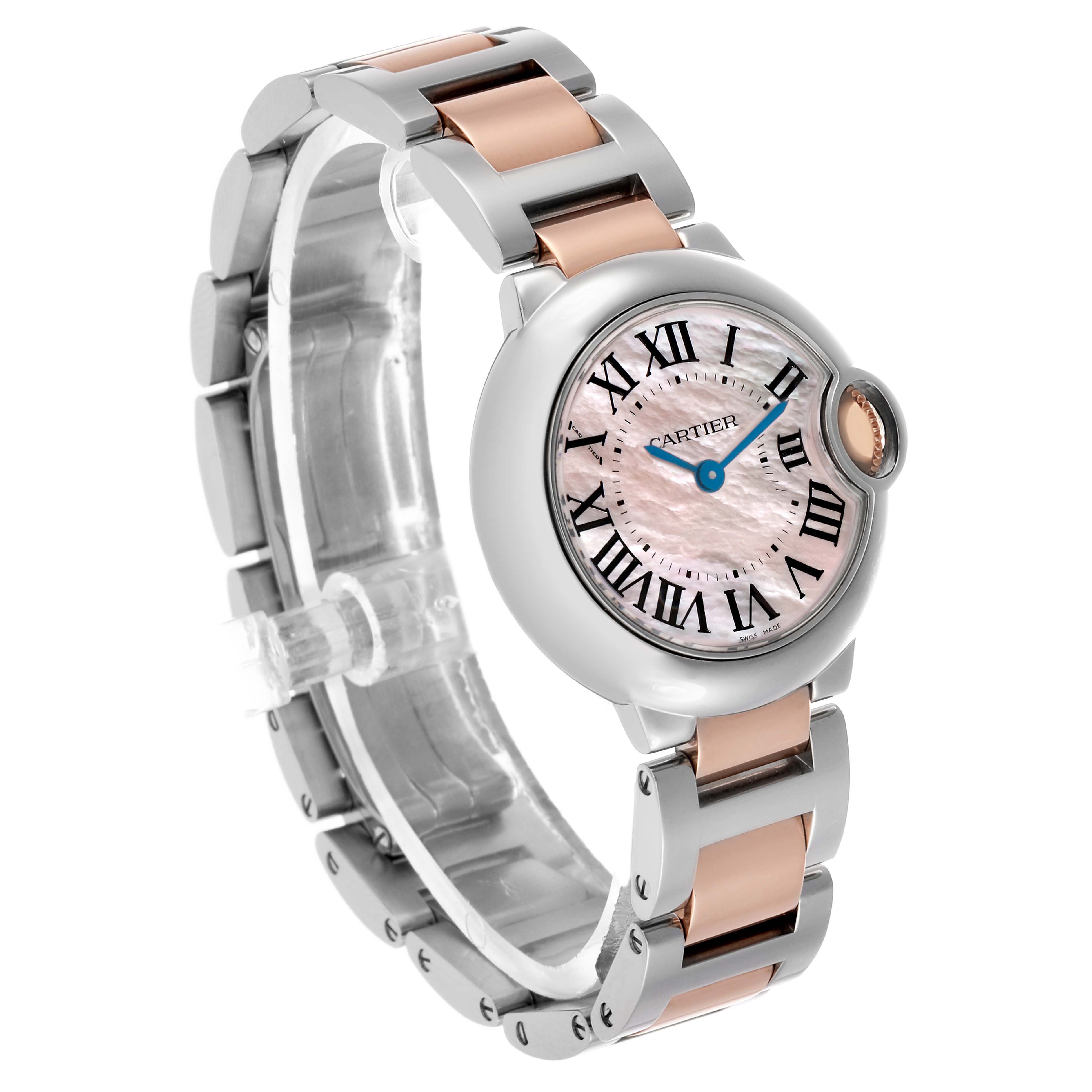 The Cartier Ballon Bleu W6920034 Men's Steel and Gold (two tone) Mother of Pearl Dial watch is shown at a three-quarter angle, highlighting its face, unique crown, and bracelet.