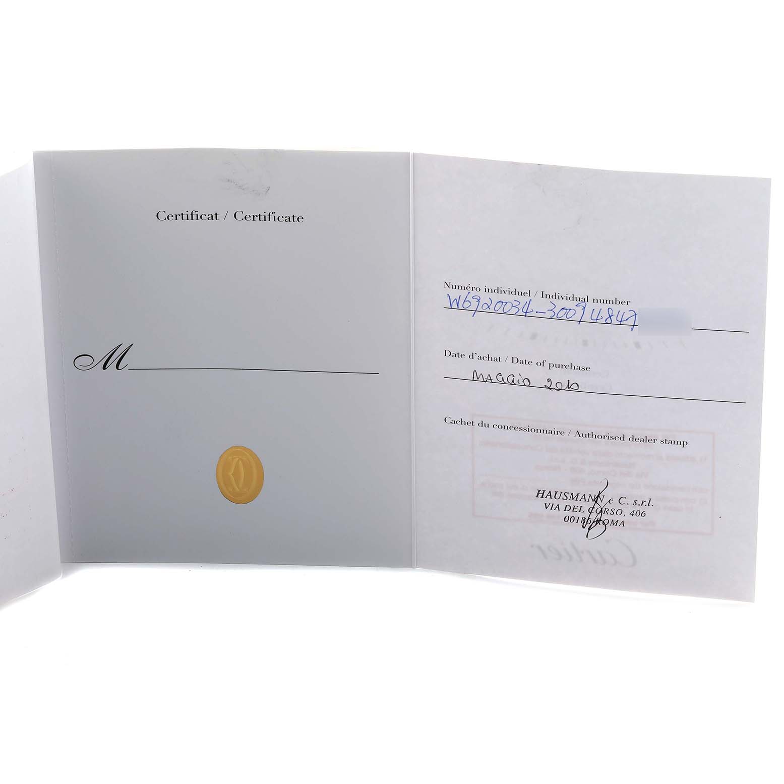 This image shows an open warranty certificate for the Cartier Ballon Bleu W6920034 Men's Steel and Gold (two tone) Mother of Pearl Dial watch.