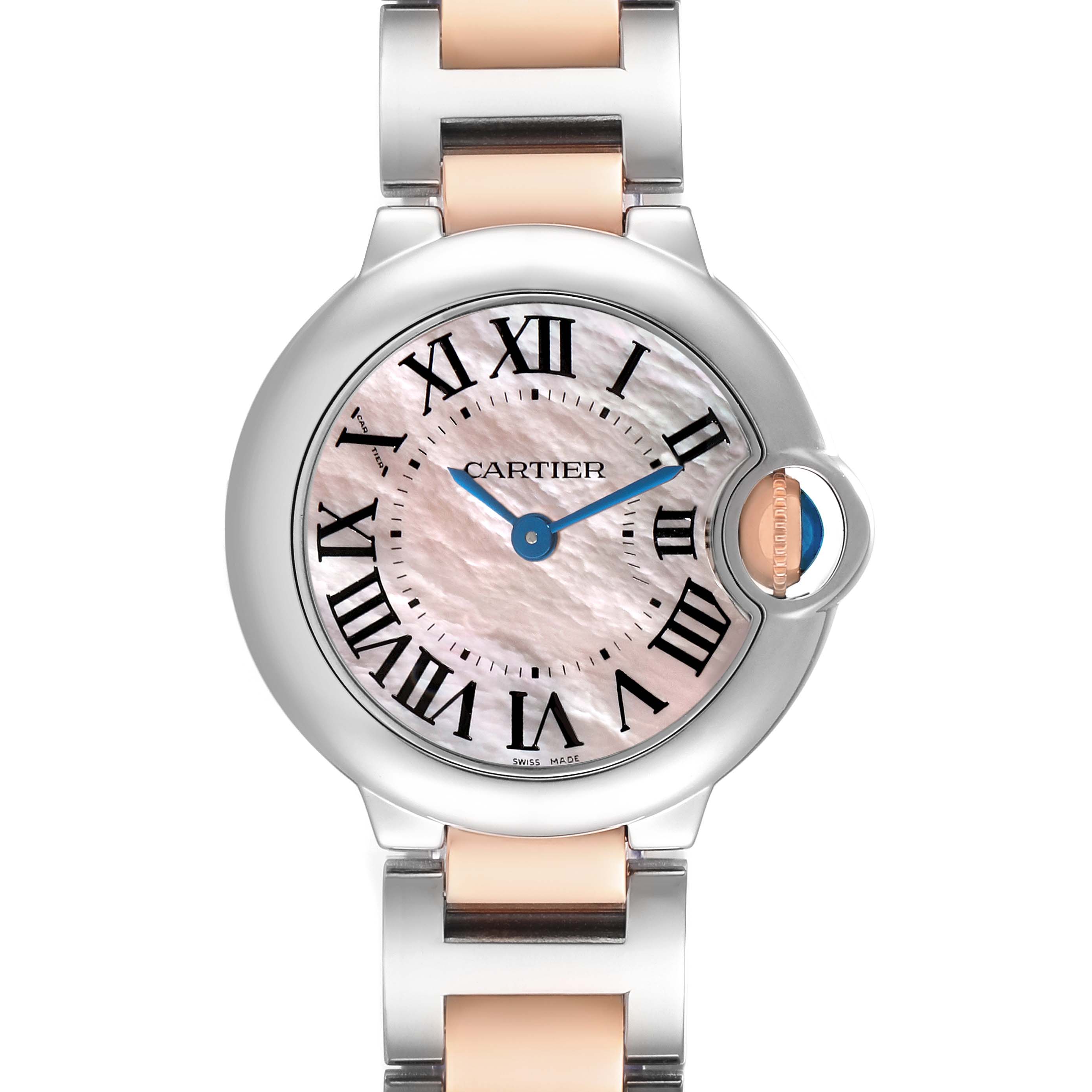 The Cartier Ballon Bleu W6920034 Men's Steel and Gold (two tone) Mother of Pearl Dial watch is shown from a front angle, highlighting the dial, Roman numerals, hands, and bracelet.