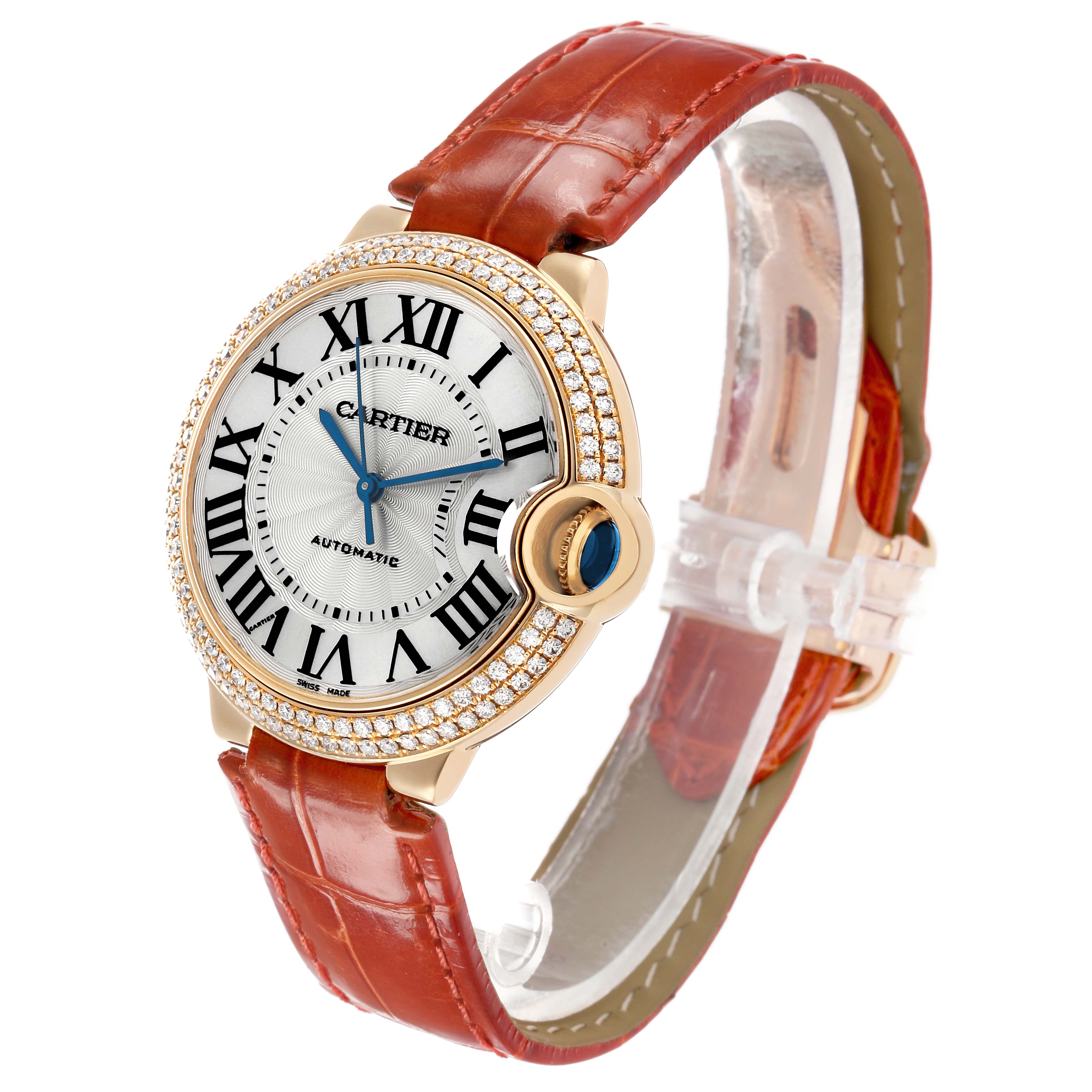 The Cartier Ballon Bleu WE900451 Men's Yellow Gold Silver Dial watch is shown at a three-quarter angle, highlighting the face, Roman numerals, crown, and leather strap.