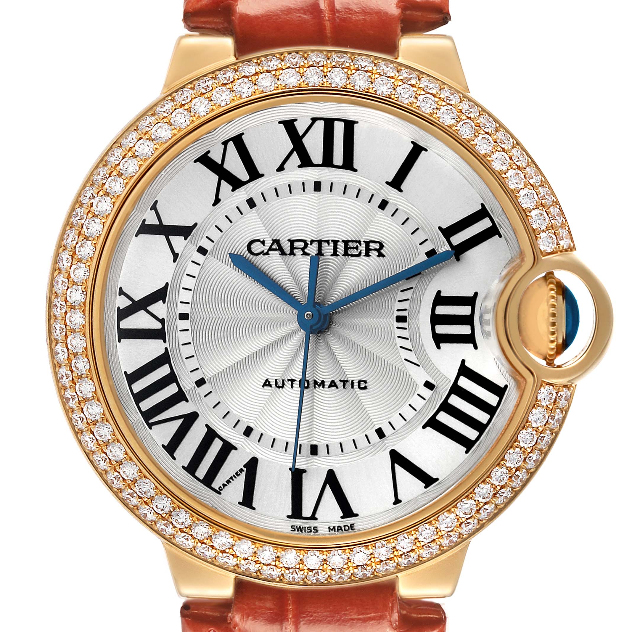 The Cartier Ballon Bleu WE900451 Men's Yellow Gold Silver Dial watch is shown from the front, displaying its dial, Roman numerals, blue hands, and diamond-studded bezel.