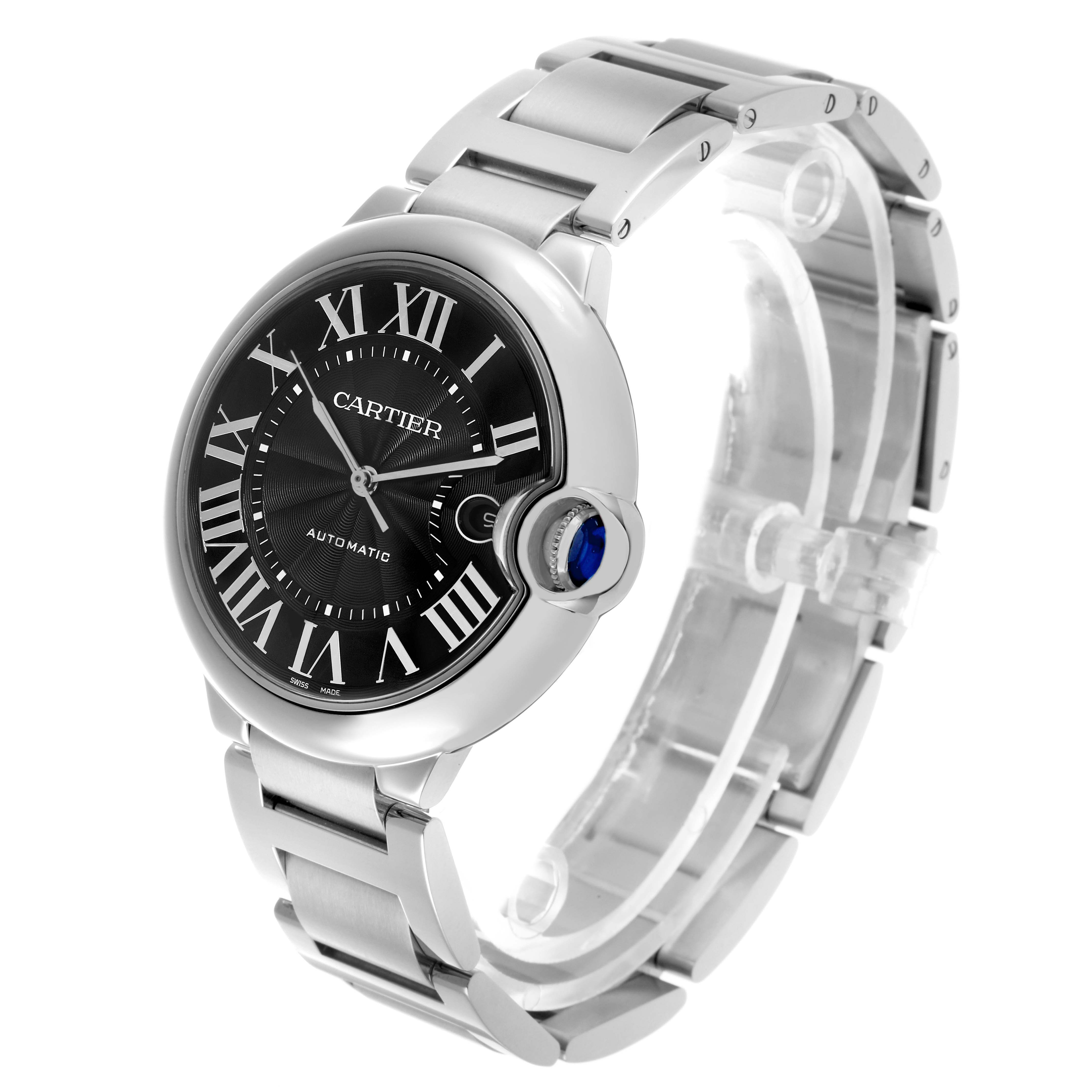 The Cartier Ballon Bleu W6920042 Men's Stainless Steel Black Dial watch is shown at a three-quarter angle, highlighting the face, crown, and part of the metal bracelet.
