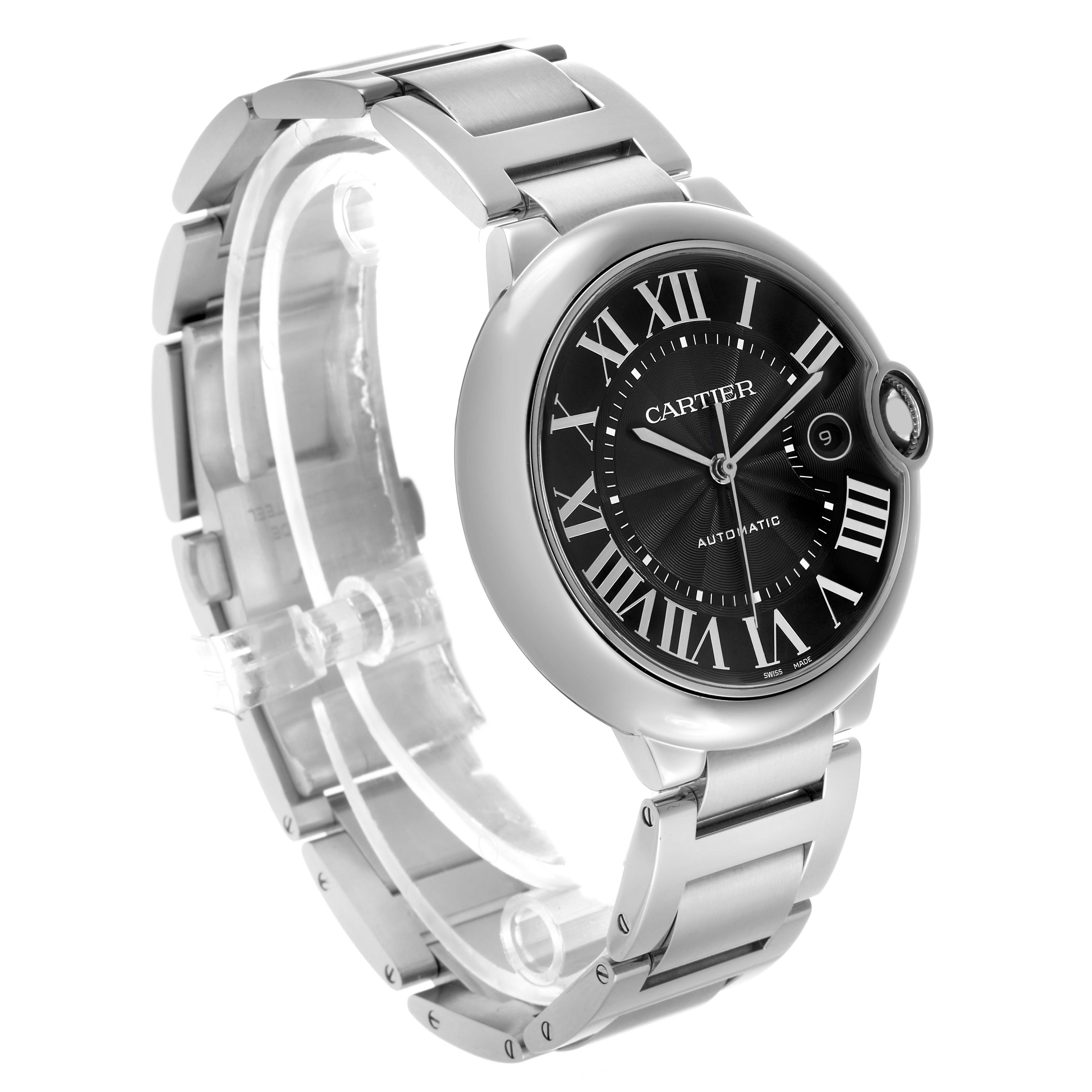 The Cartier Ballon Bleu W6920042 Men's Stainless Steel Black Dial watch is shown at an angled side view, displaying the dial, crown, and bracelet links.