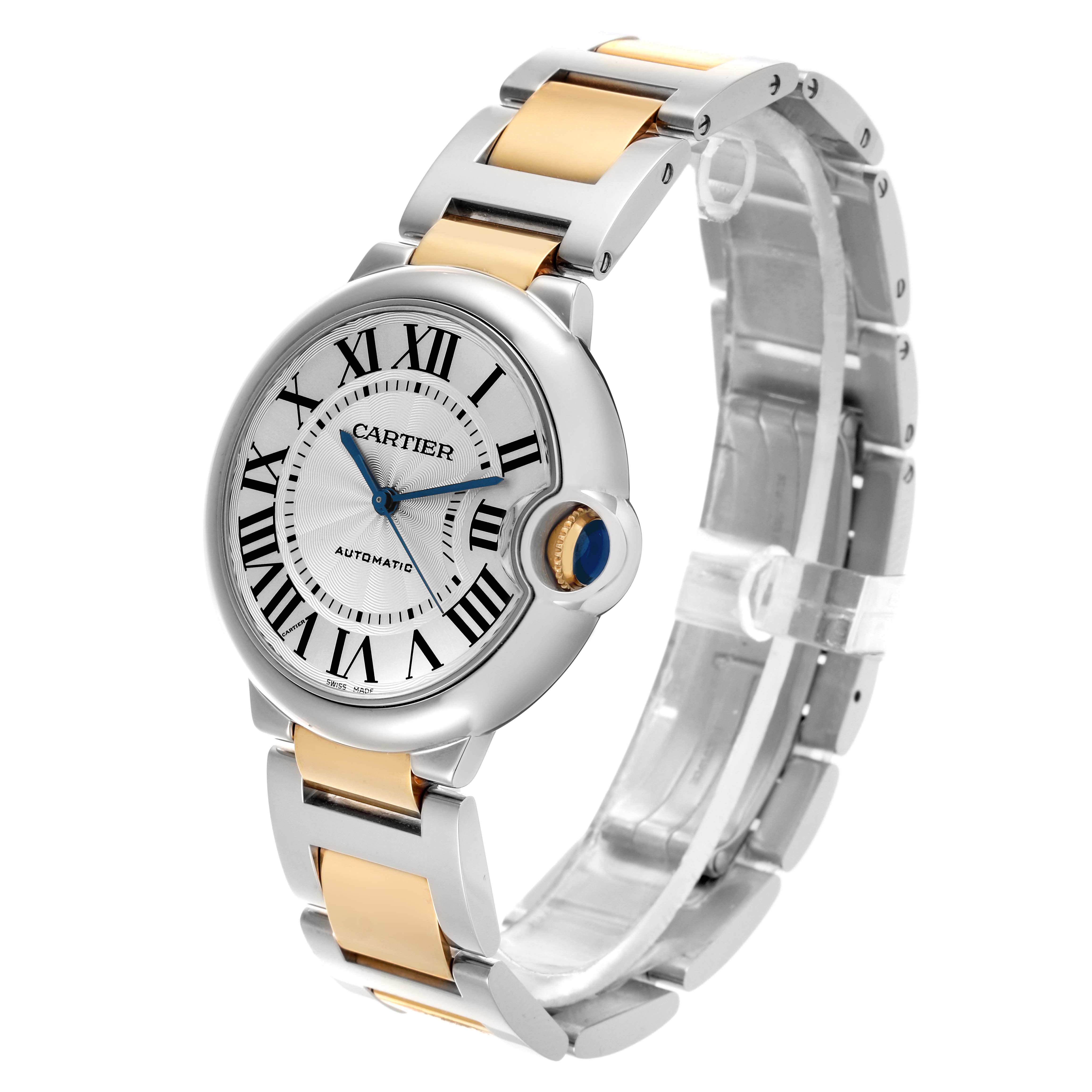 The Cartier Ballon Bleu W2BB0012 Women
s Steel and Gold (two tone) Silver Dial W2BB0012 Women
s Steel and Gold (two tone) Silver Dial watch is shown at a three-quarter angle, displaying its face and bracelet.