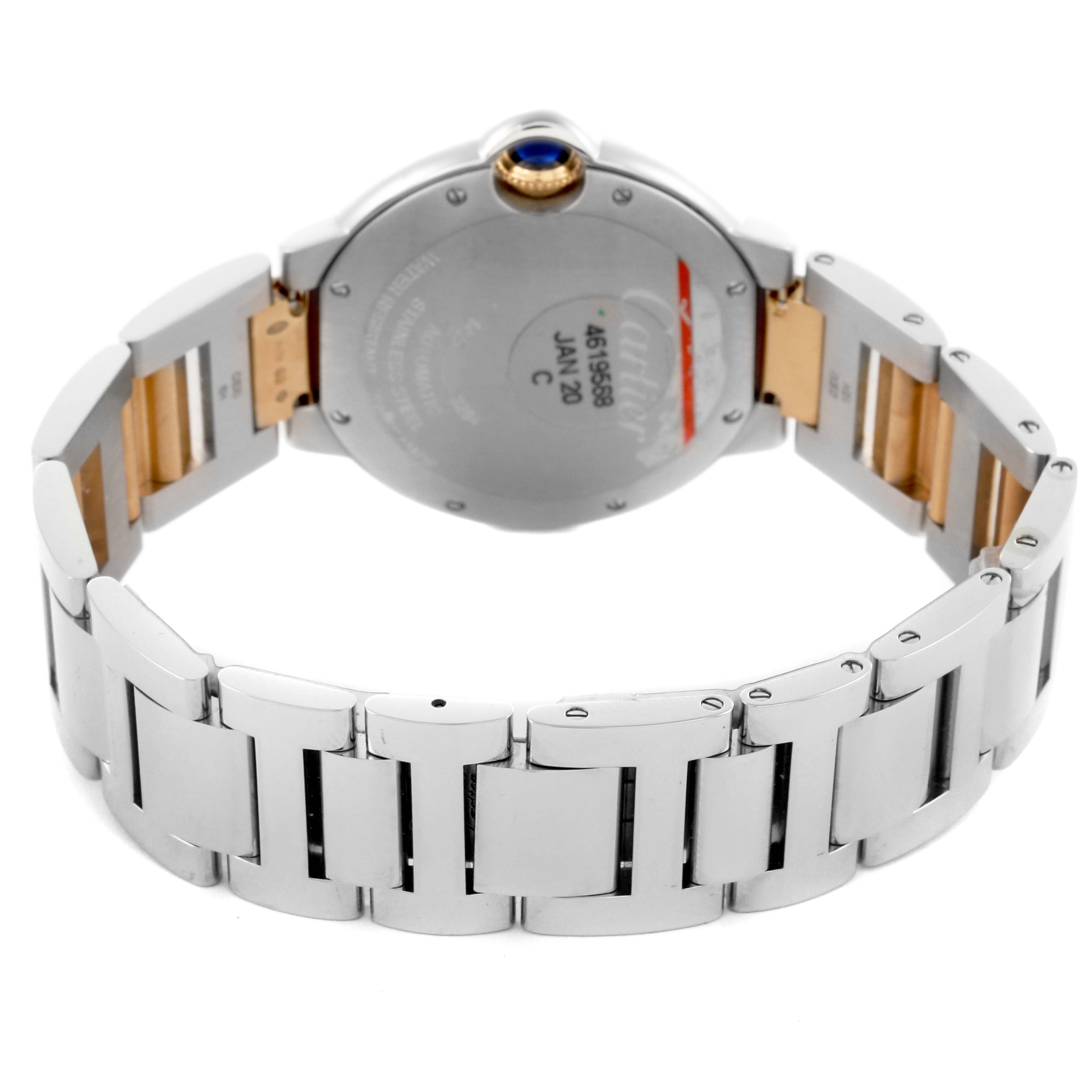 The image shows the back and bracelet of the Cartier Ballon Bleu W2BB0012 Women
s Steel and Gold (two tone) Silver Dial W2BB0012 Women
s Steel and Gold (two tone) Silver Dial watch, highlighting the clasp and the rear case details.