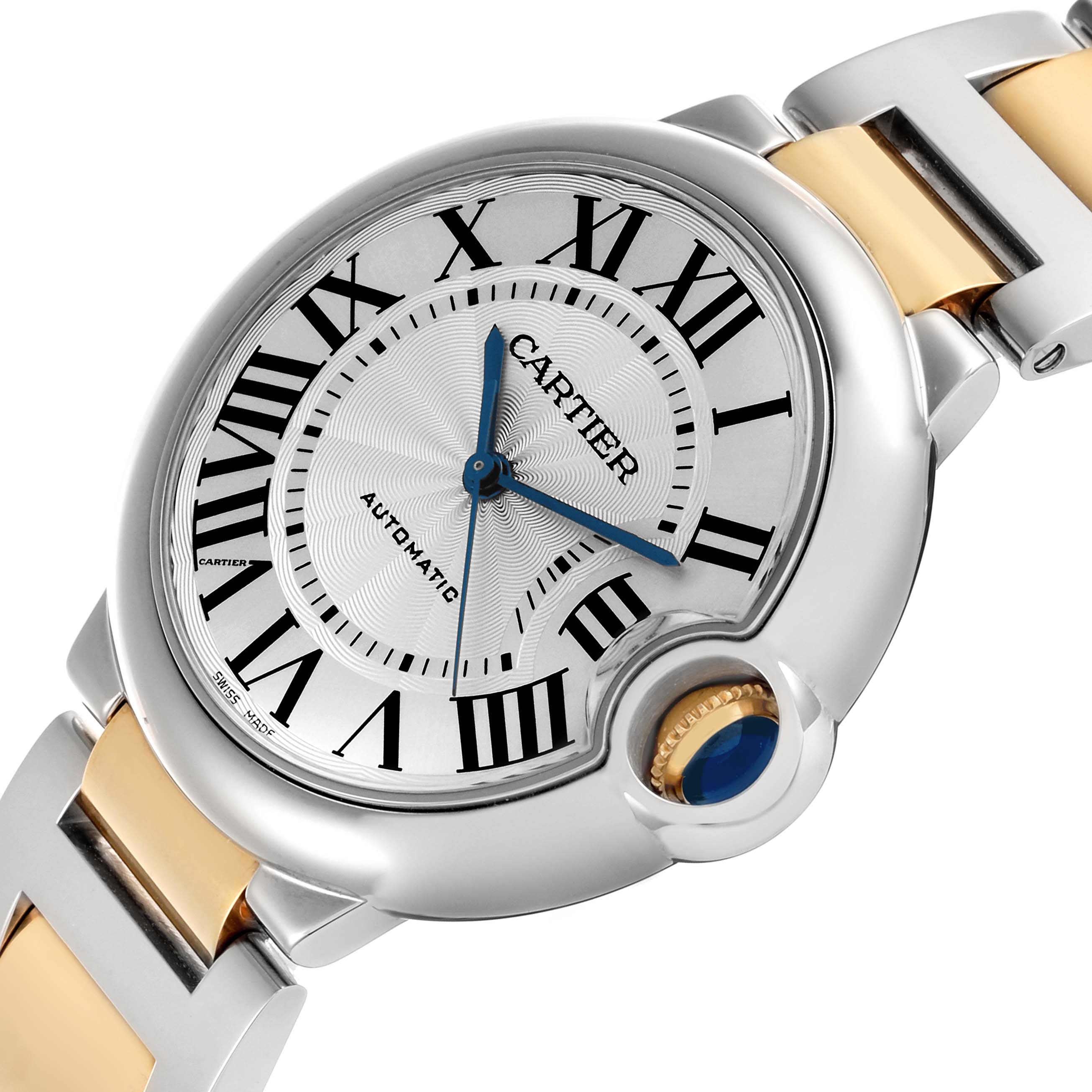 The Cartier Ballon Bleu W2BB0012 Women
s Steel and Gold (two tone) Silver Dial W2BB0012 Women
s Steel and Gold (two tone) Silver Dial watch is shown at an angle highlighting the face, crown, and part of the bracelet.
