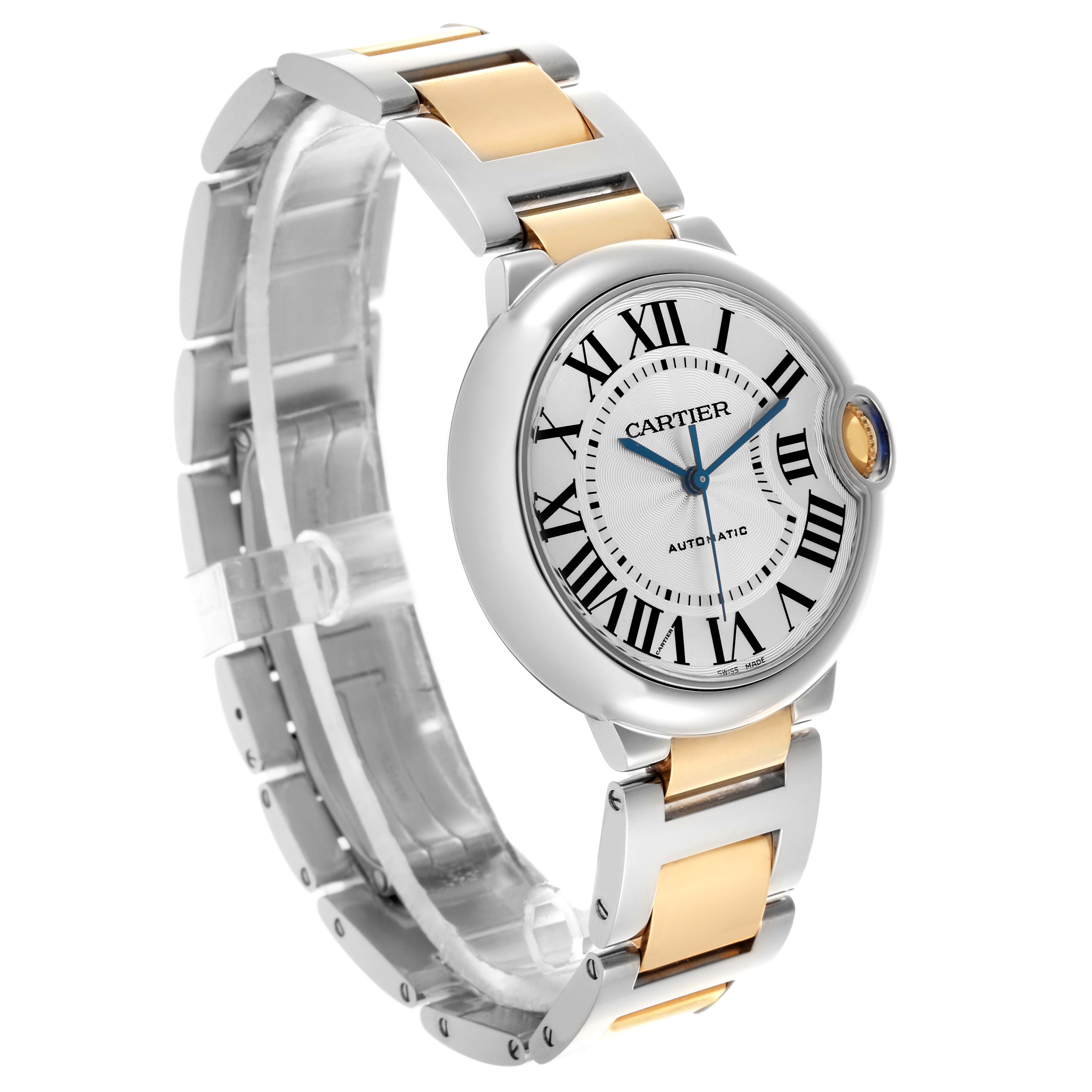The Cartier Ballon Bleu W2BB0012 Women
s Steel and Gold (two tone) Silver Dial W2BB0012 Women
s Steel and Gold (two tone) Silver Dial watch is shown at a three-quarter angle, displaying the face, bracelet, and crown.