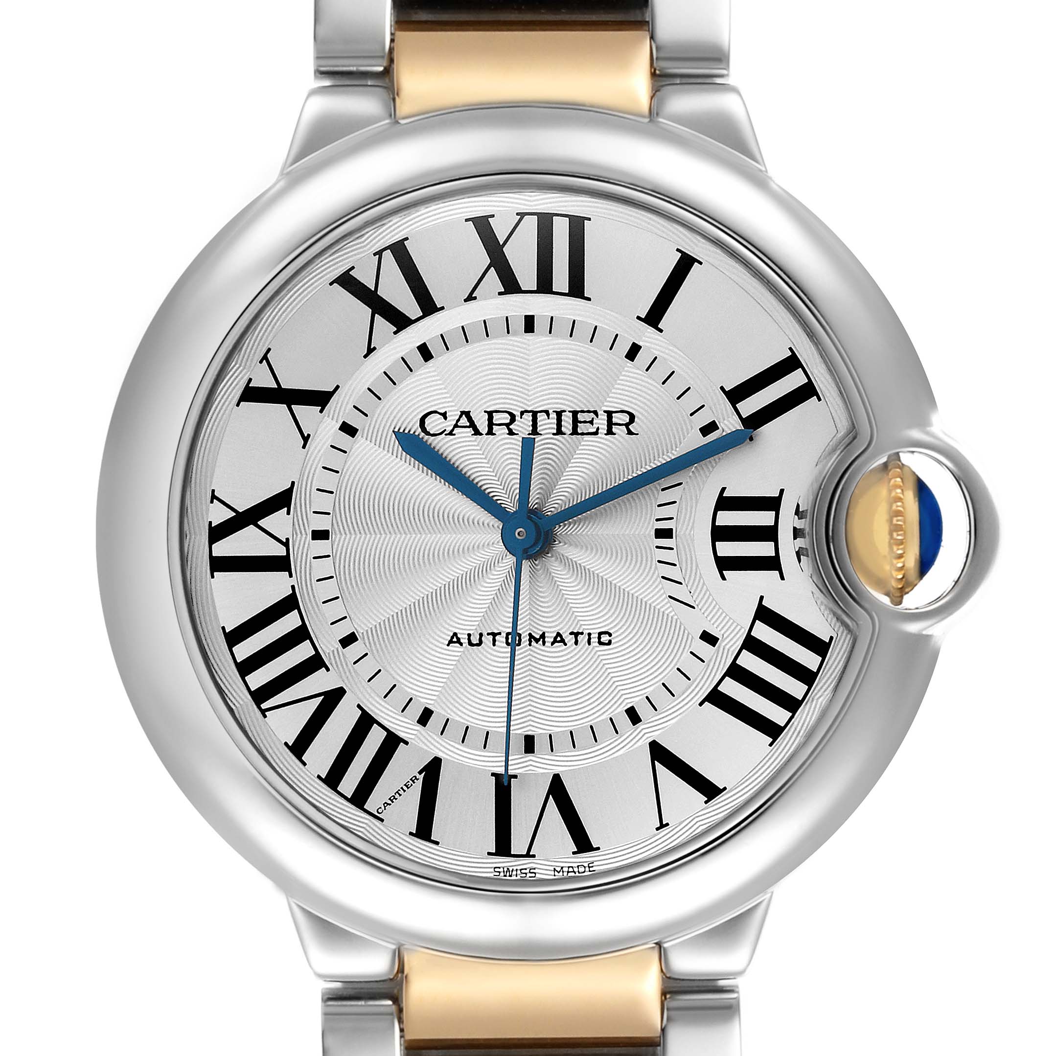 The Cartier Ballon Bleu W2BB0012 Women
s Steel and Gold (two tone) Silver Dial W2BB0012 Women
s Steel and Gold (two tone) Silver Dial watch is shown from a front angle, highlighting the face and crown with its signature blue sapphire.