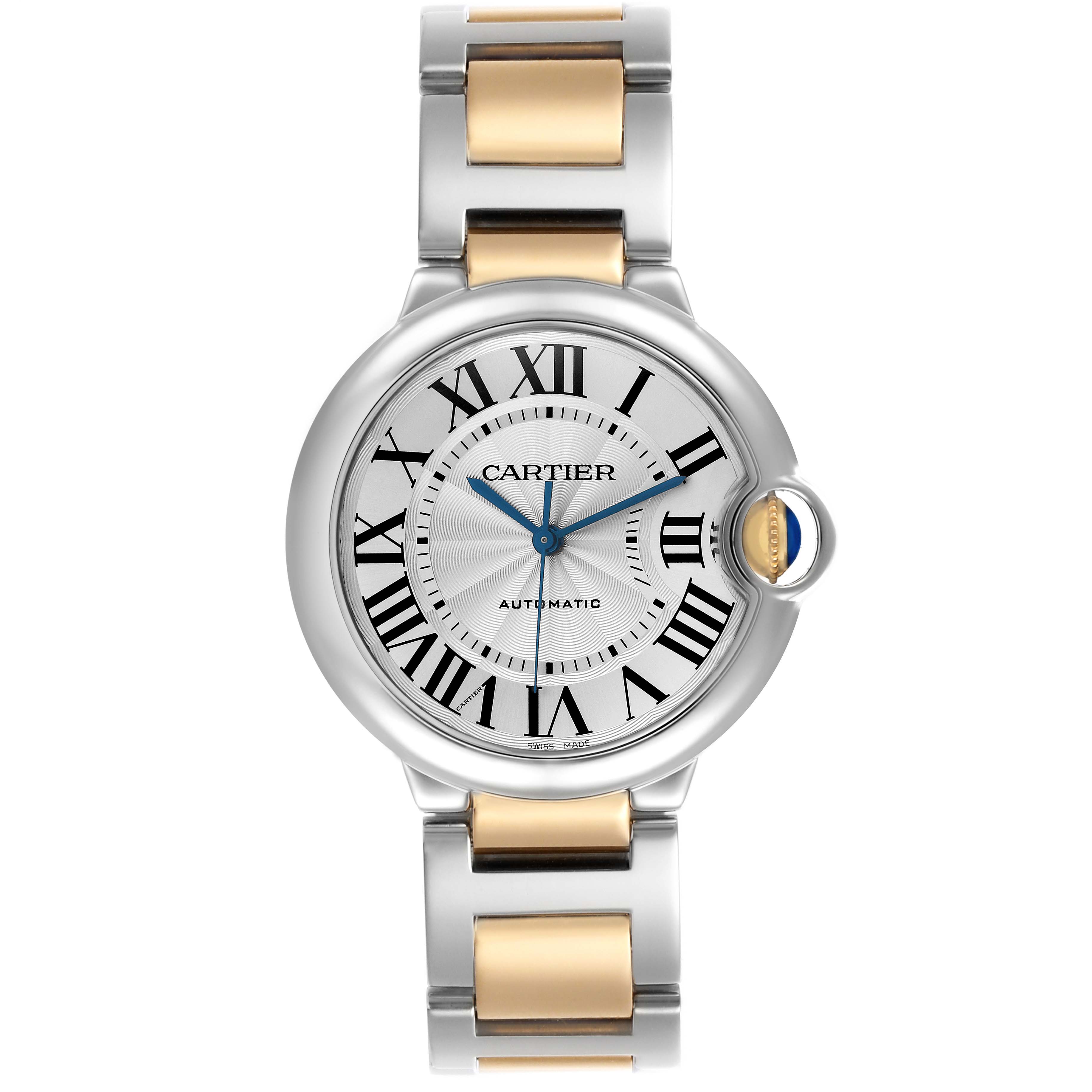 The Cartier Ballon Bleu W2BB0012 Women
s Steel and Gold (two tone) Silver Dial W2BB0012 Women
s Steel and Gold (two tone) Silver Dial watch is shown from the front, displaying the dial, Roman numerals, and two-tone bracelet.