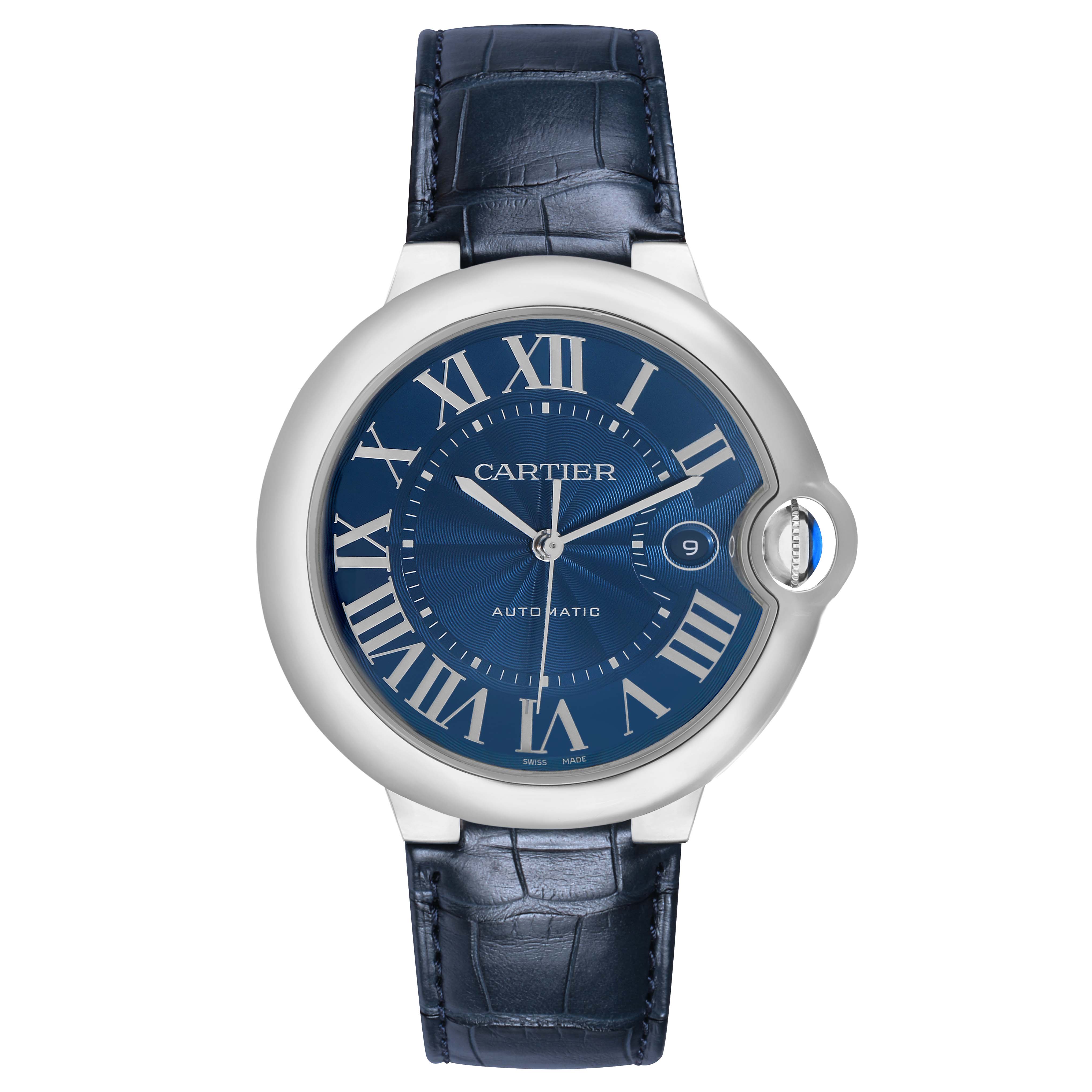 The Ballon Bleu by Cartier is shown from the front, highlighting the blue dial, Roman numerals, and alligator leather strap.