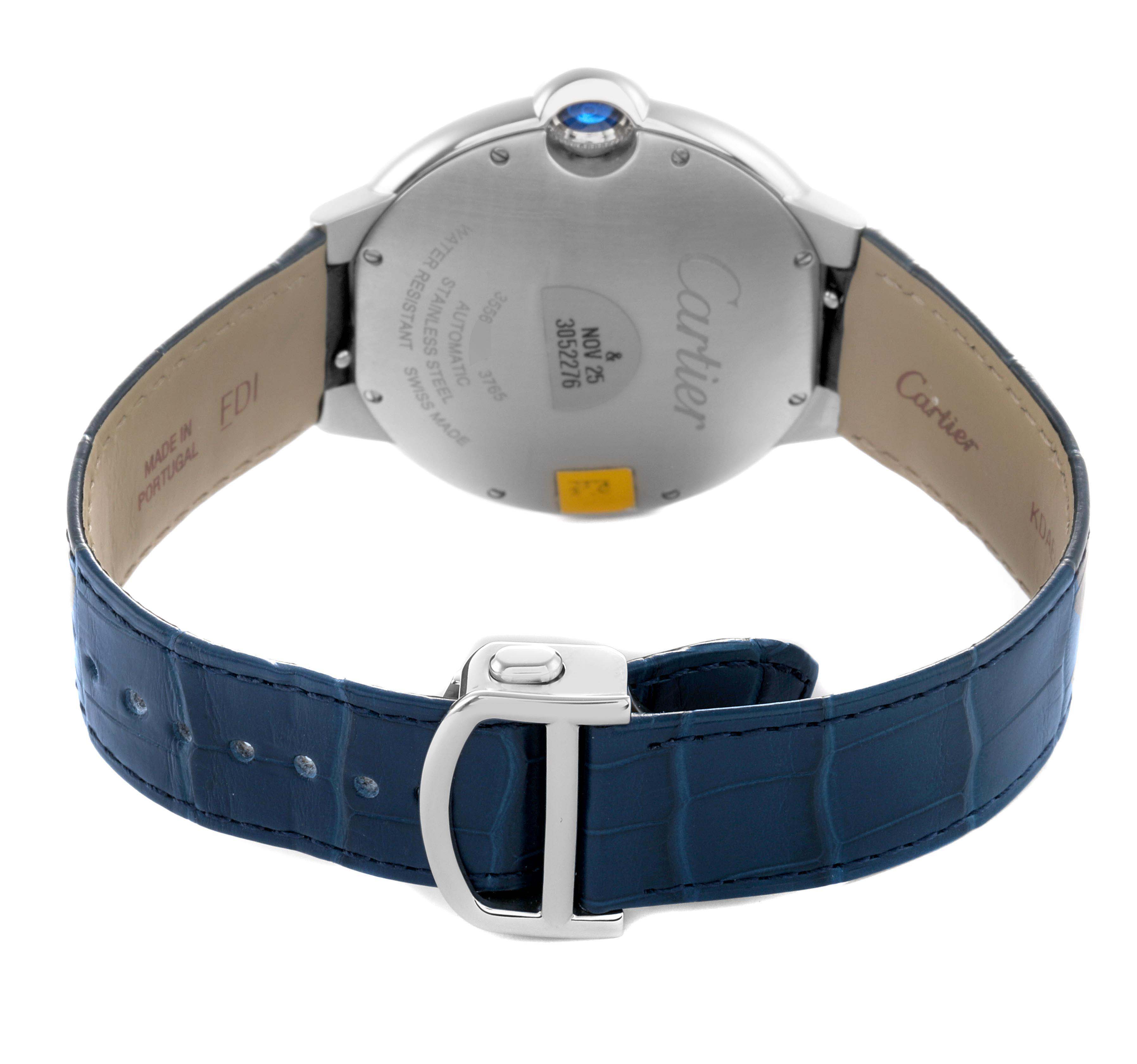 The image shows the backside and open leather strap of a Cartier Ballon Bleu WSBB0027 Men's Stainless Steel Blue Dial watch.