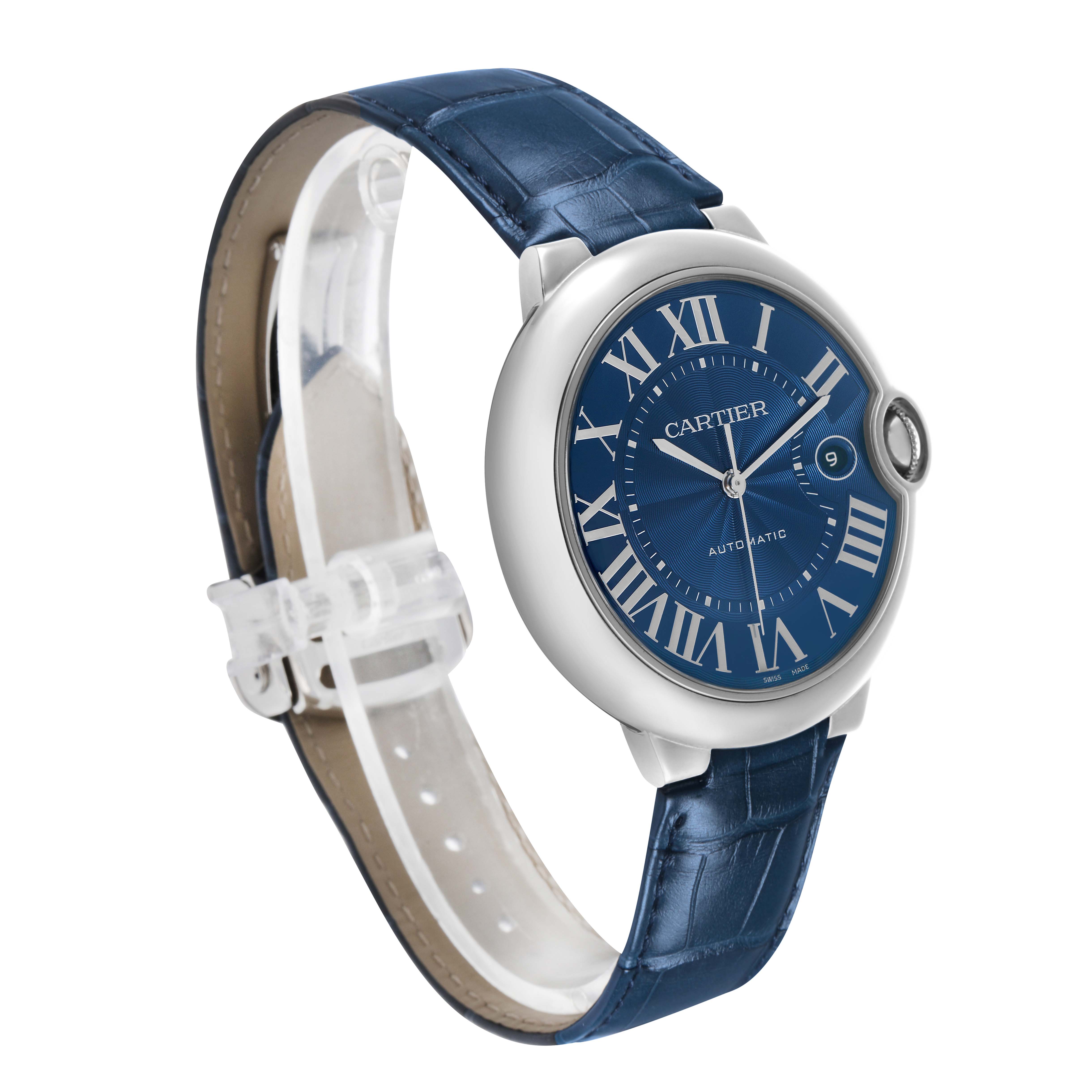 The Cartier Ballon Bleu WSBB0027 Men's Stainless Steel Blue Dial watch is shown at an angled side view, highlighting its blue dial, Roman numerals, and blue leather strap.