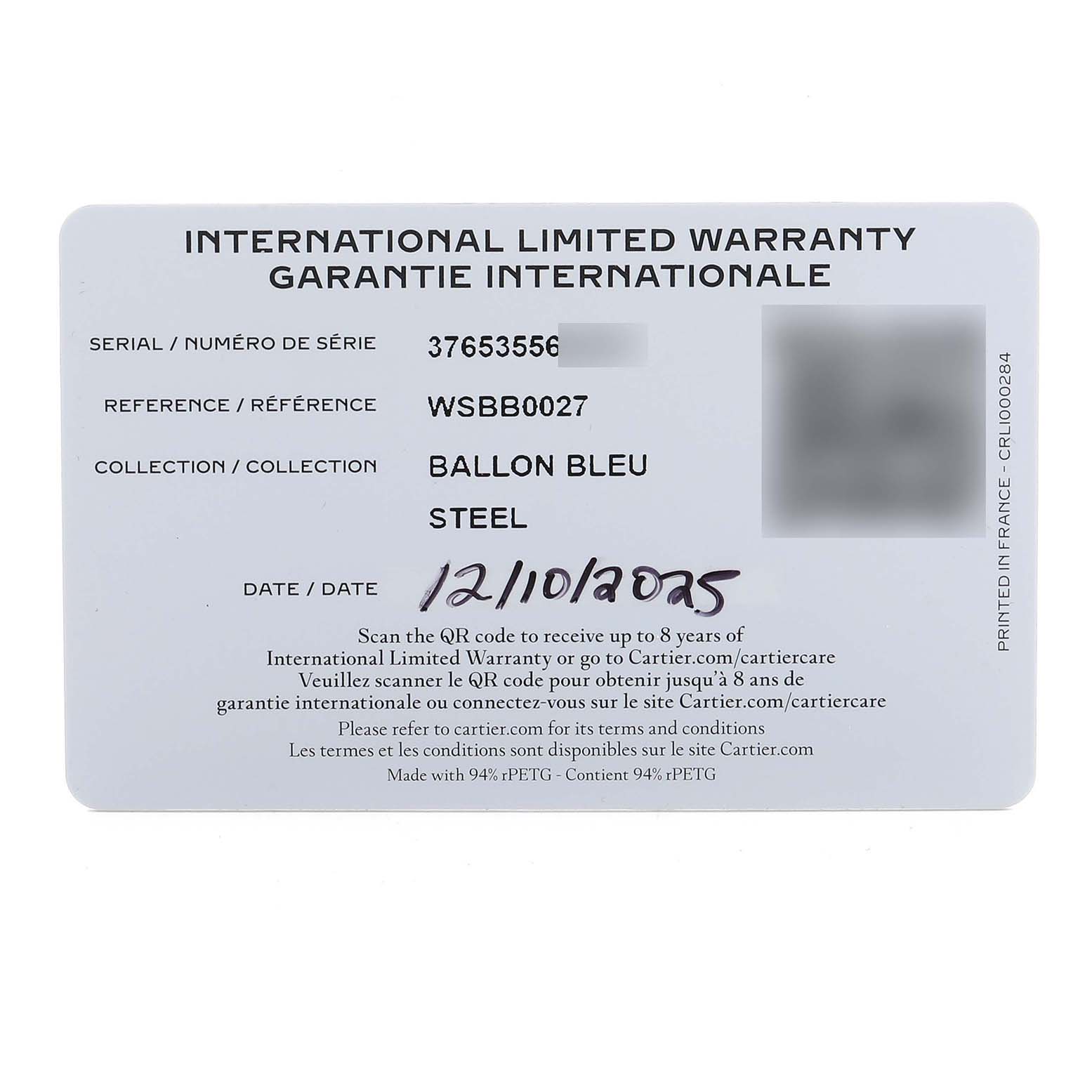 This image shows a warranty card for the Cartier Ballon Bleu WSBB0027 Men's Stainless Steel Blue Dial model, displaying serial and reference numbers.