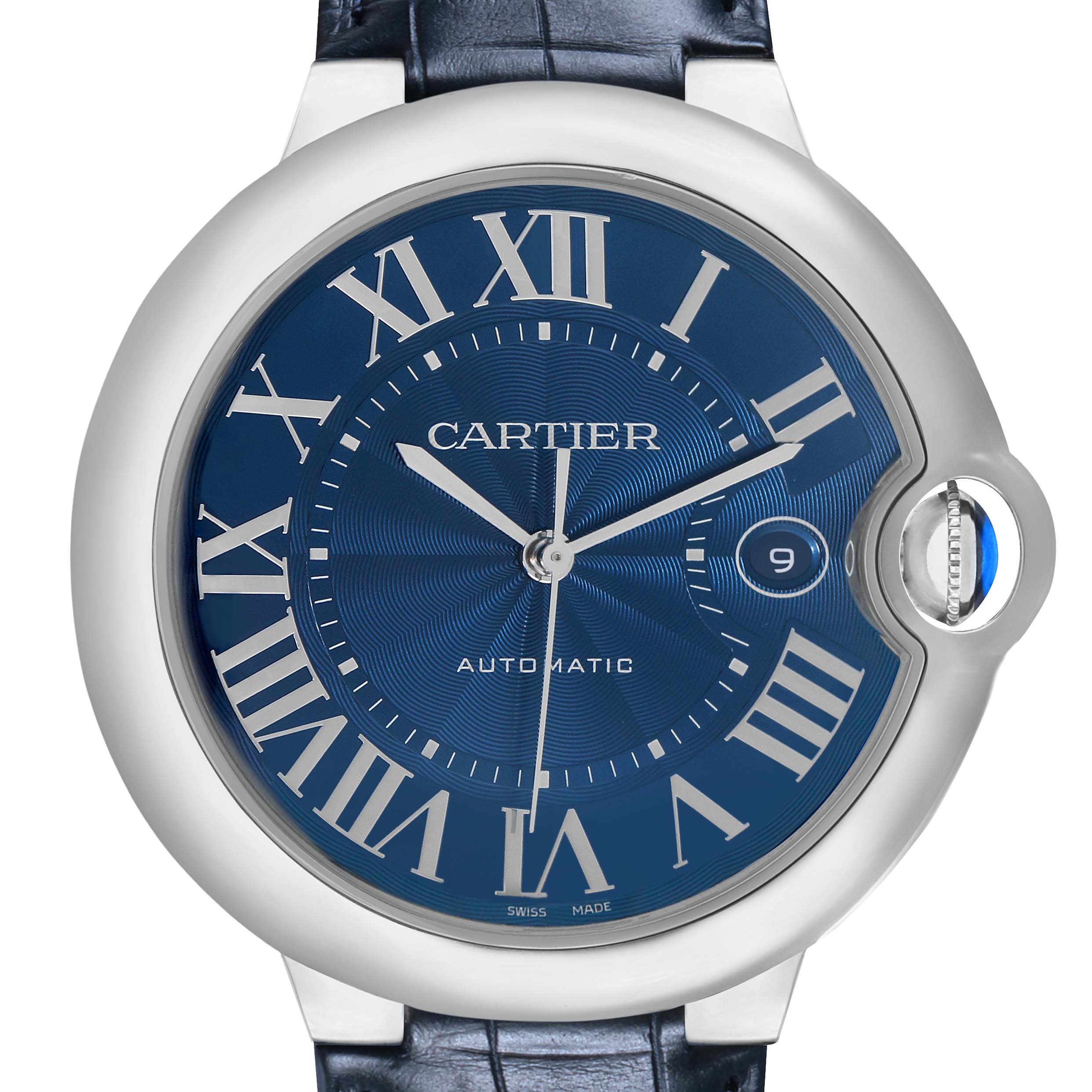 The Cartier Ballon Bleu WSBB0027 Men's Stainless Steel Blue Dial watch is shown from the front, highlighting its blue dial, Roman numerals, and unique crown design.