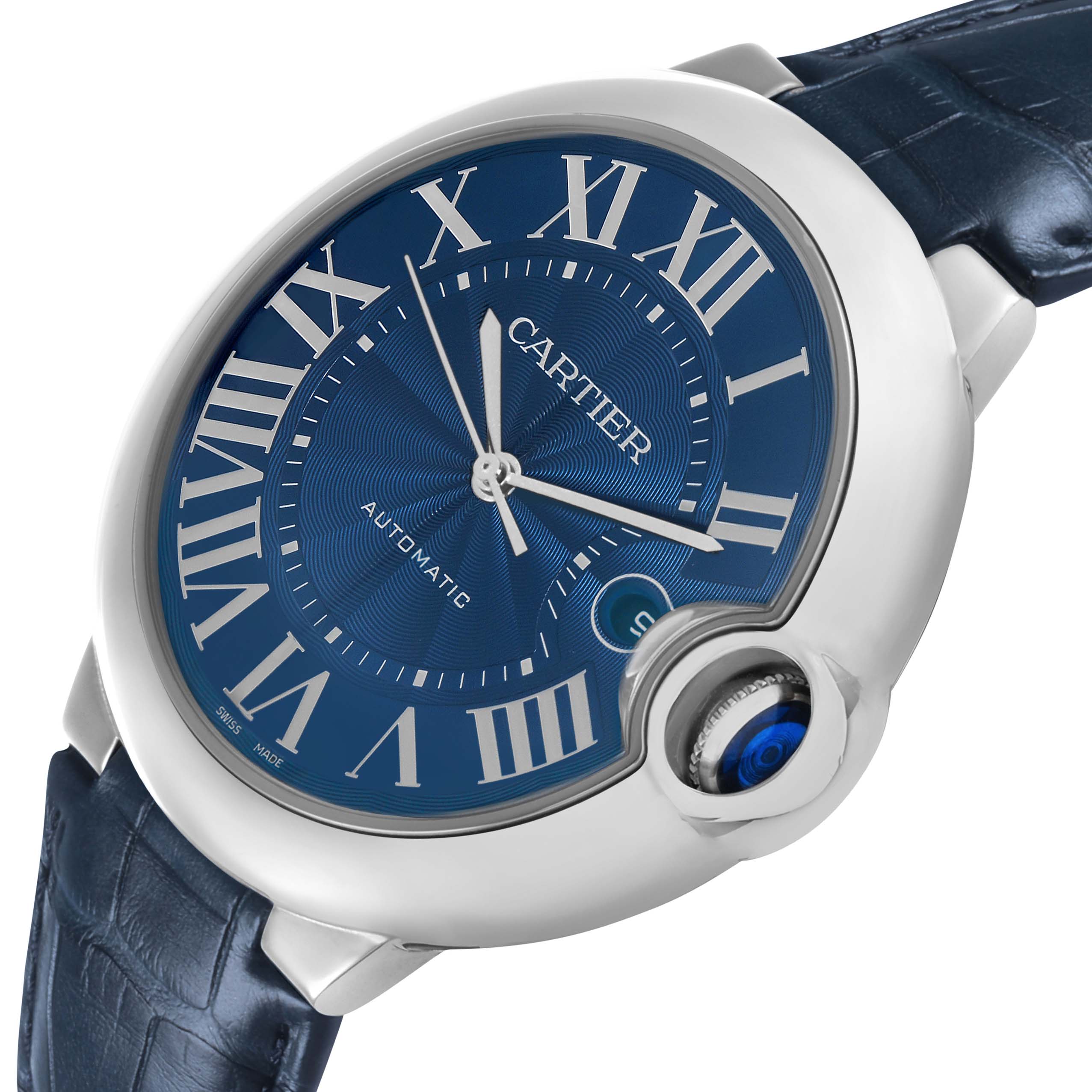 The Cartier Ballon Bleu WSBB0027 Men's Stainless Steel Blue Dial is shown at an angled view, highlighting its blue dial, Roman numerals, and distinctive crown.