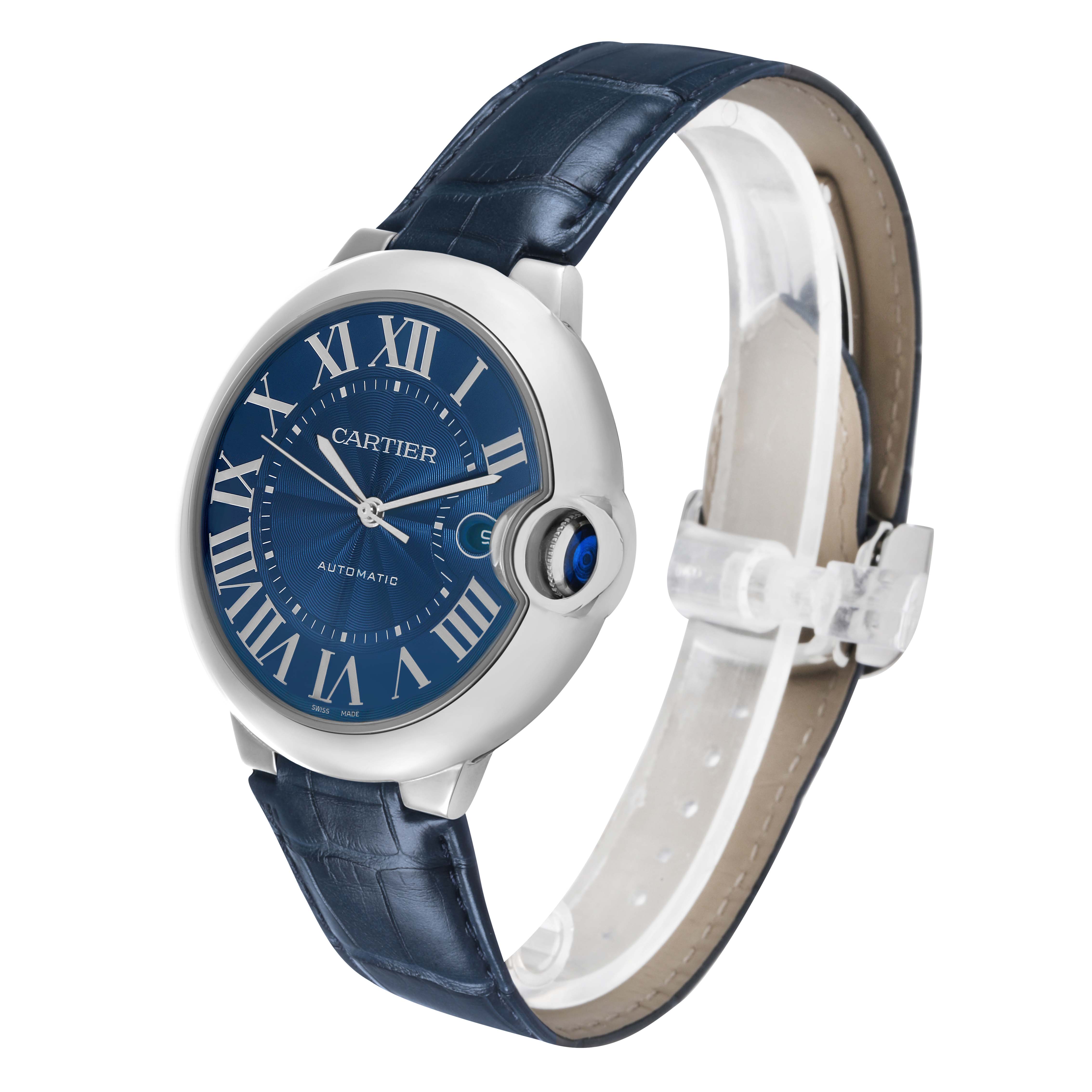 The Cartier Ballon Bleu WSBB0027 Men's Stainless Steel Blue Dial watch is shown at a three-quarter angle, displaying the blue dial, Roman numerals, and leather strap.