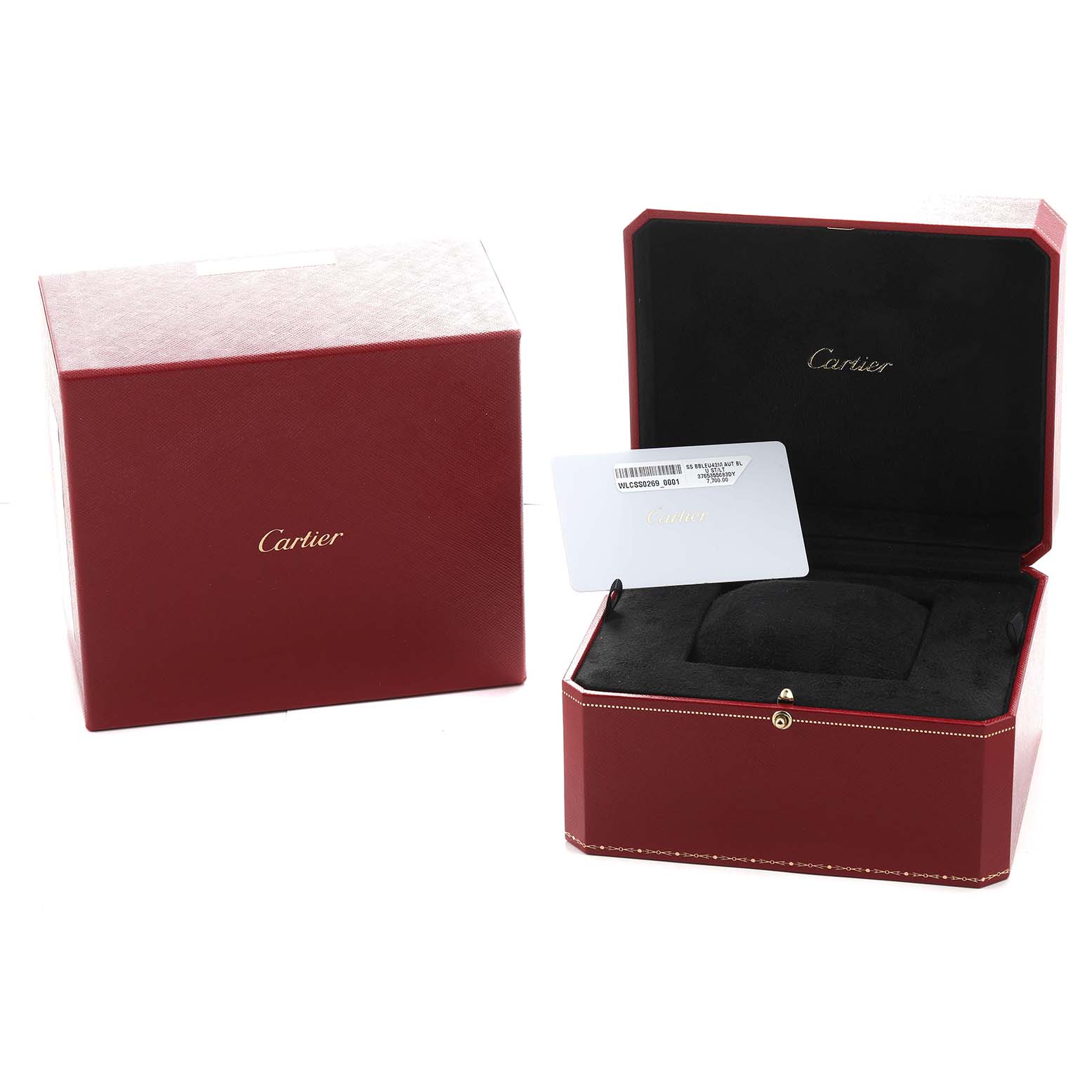 The image shows an open Cartier Ballon Bleu WSBB0027 Men's Stainless Steel Blue Dial watch box with its outer packaging and a warranty card inserted inside.