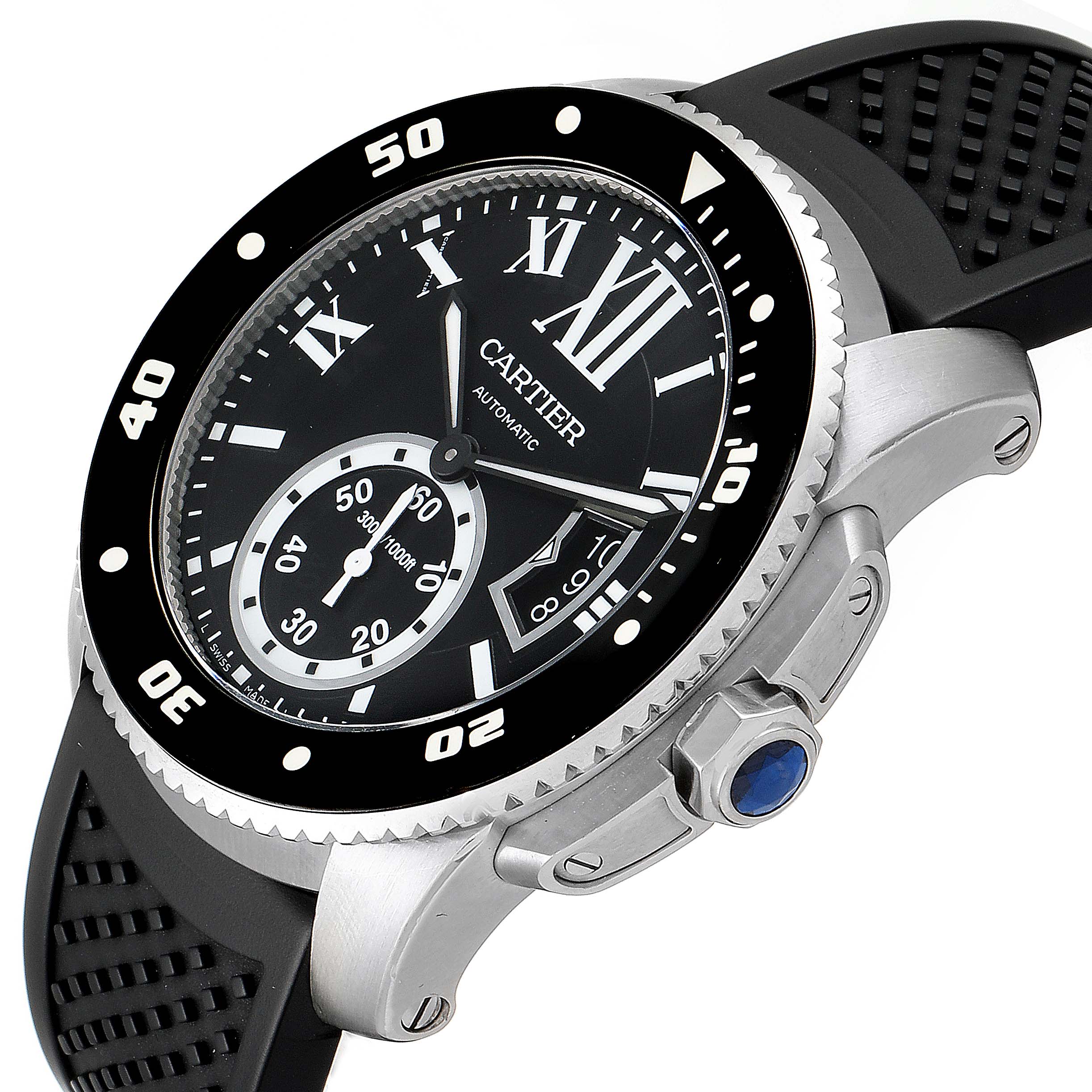 The Calibre de Cartier watch is shown at an angle highlighting its face, bezel, crown, and strap.