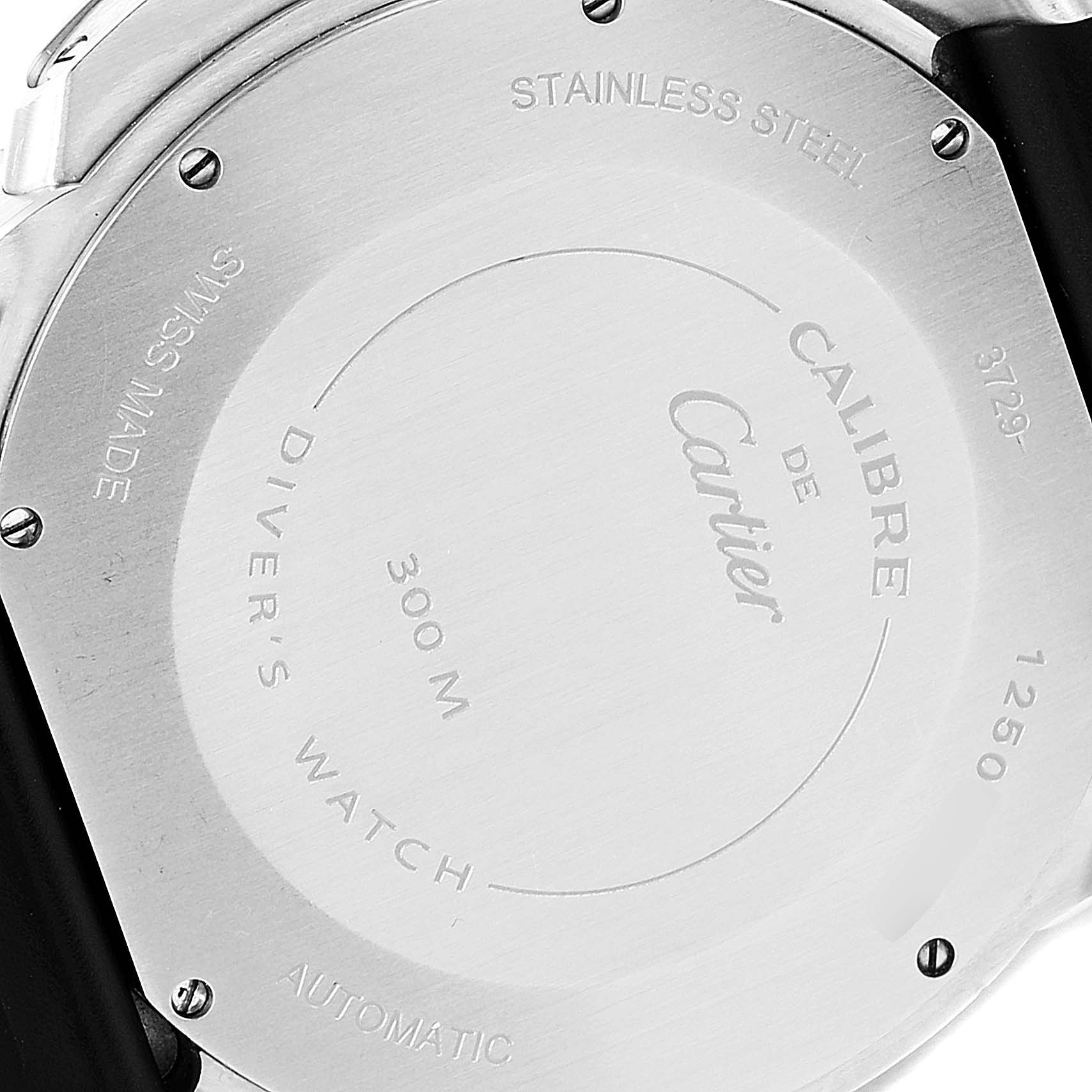 This image shows the back case of a Calibre de Cartier Diver's Watch by Cartier, highlighting its stainless steel construction and specifications.