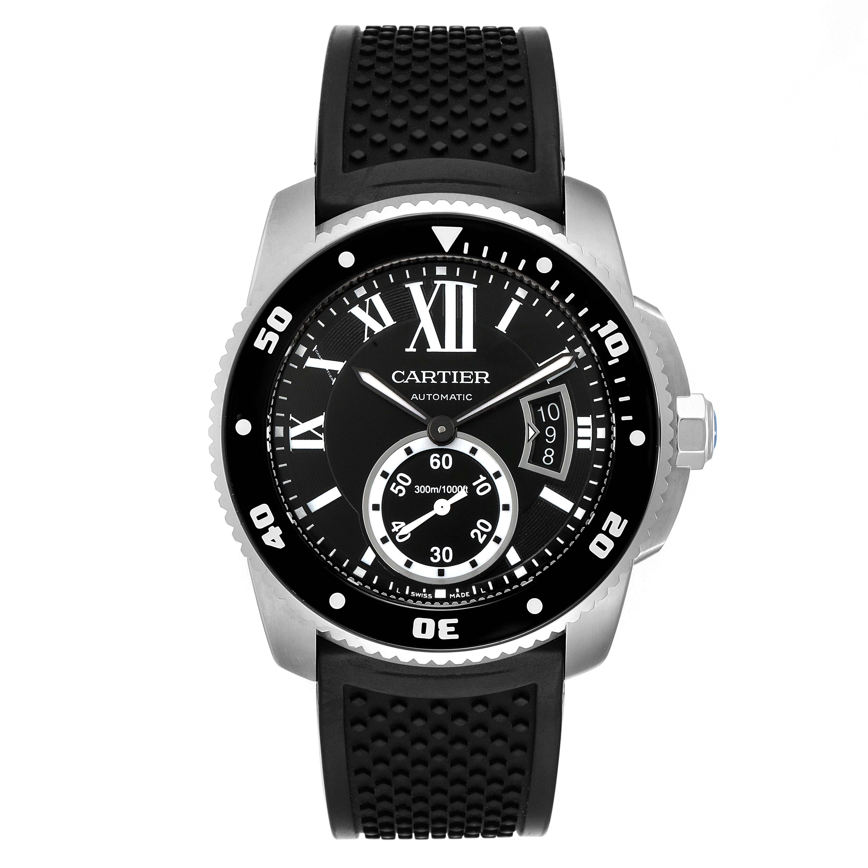 This image shows a front view of the Calibre de Cartier watch by Cartier, highlighting the face, bezel, and rubber strap.