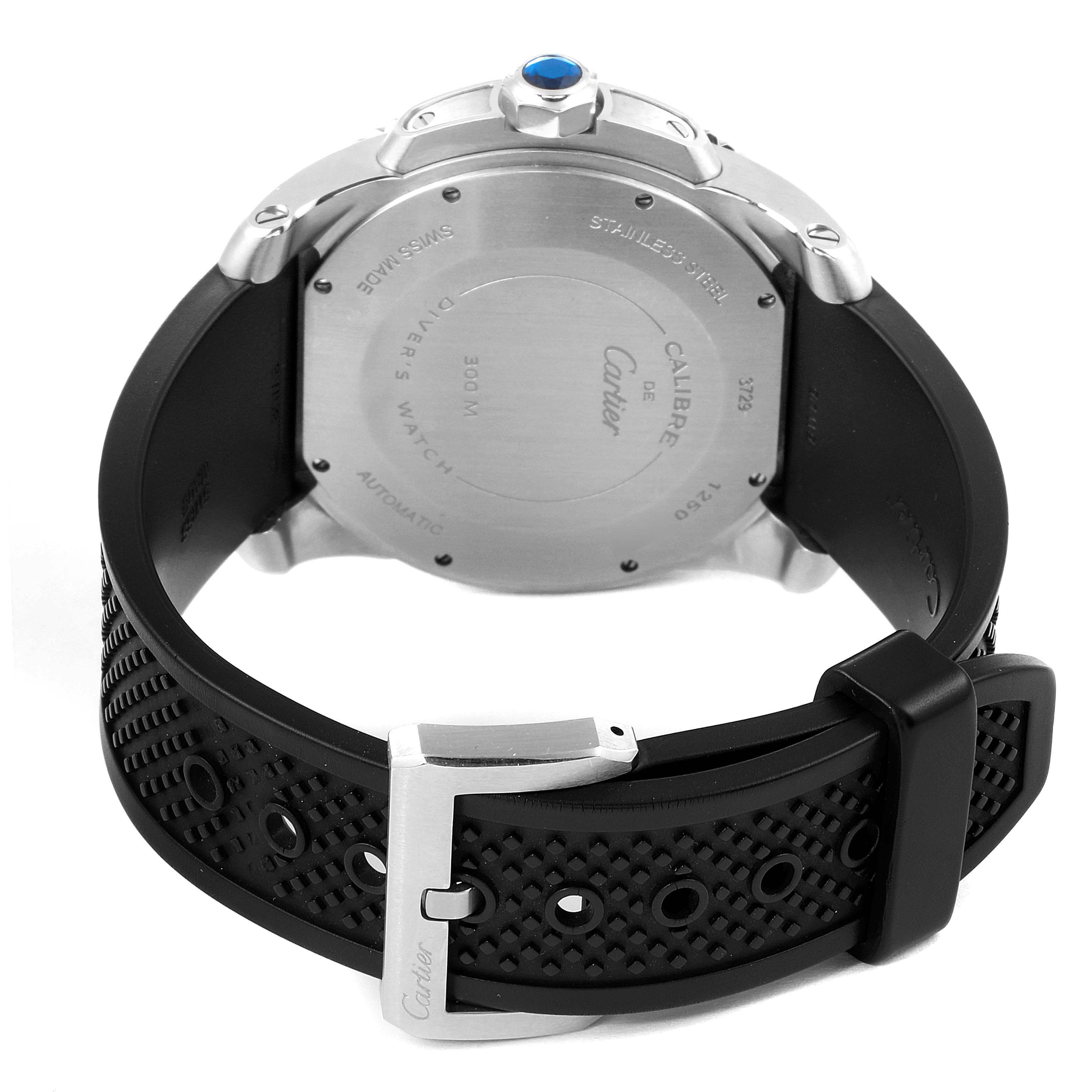 The image shows the rear angle of the Calibre de Cartier model by Cartier, highlighting the back case and strap.