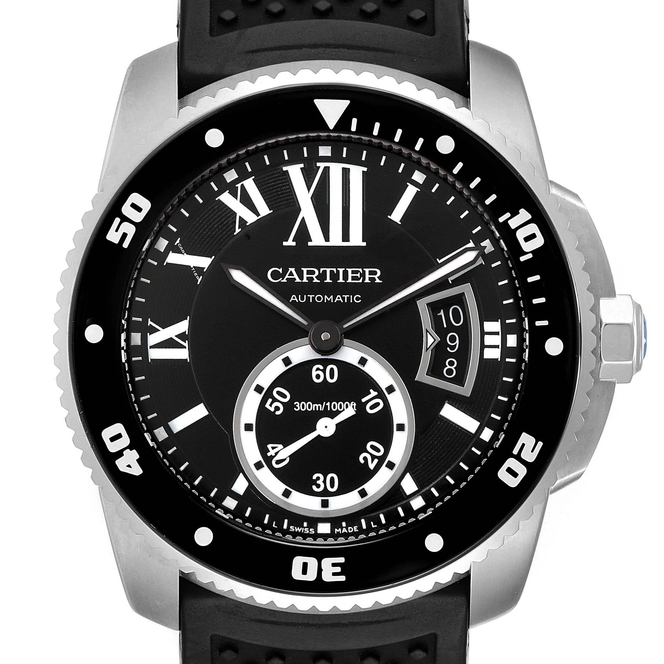 The image shows a frontal view of a Calibre de Cartier watch by Cartier, highlighting its dial, bezel, and strap.