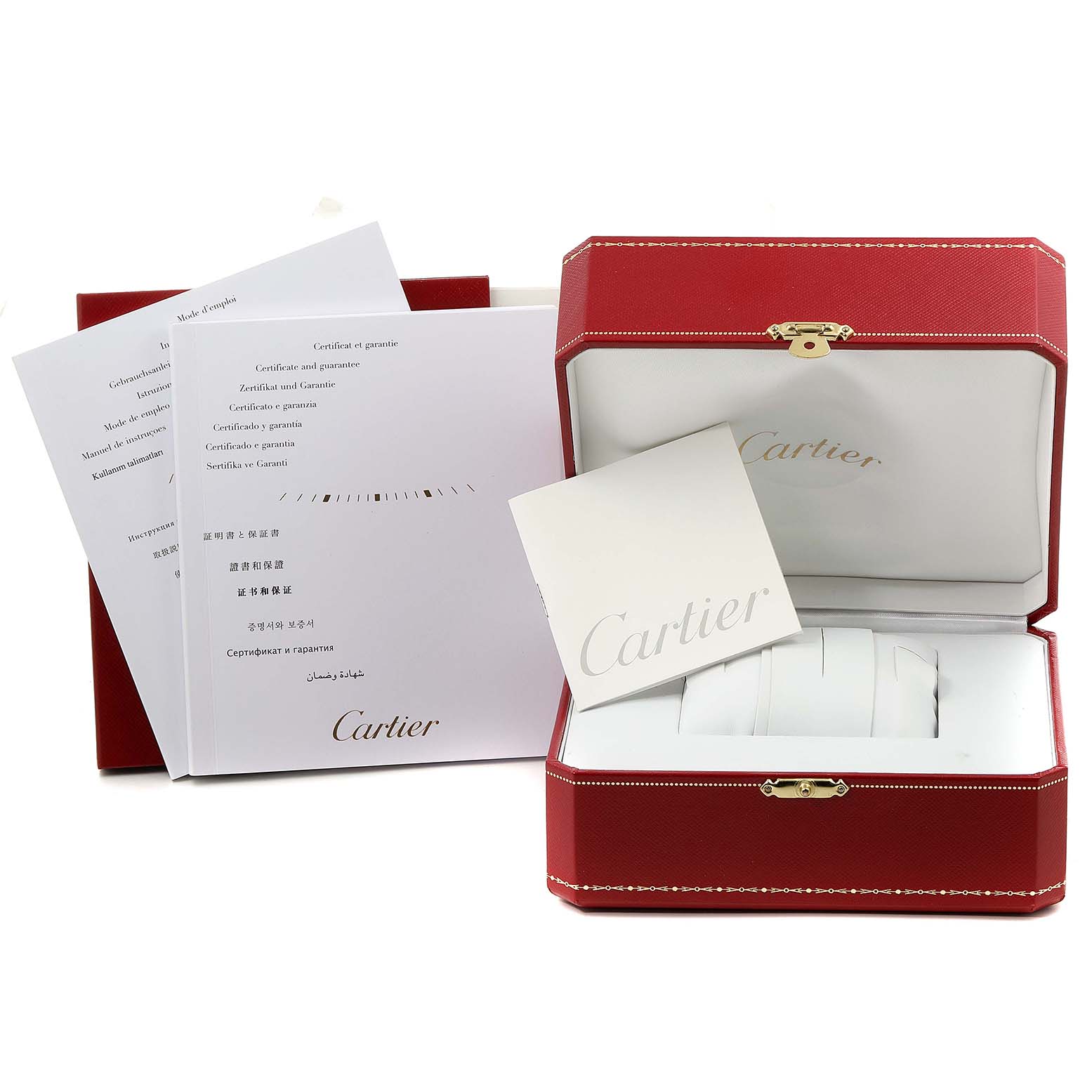The image displays the packaging and documentation for a Calibre de Cartier watch by Cartier.