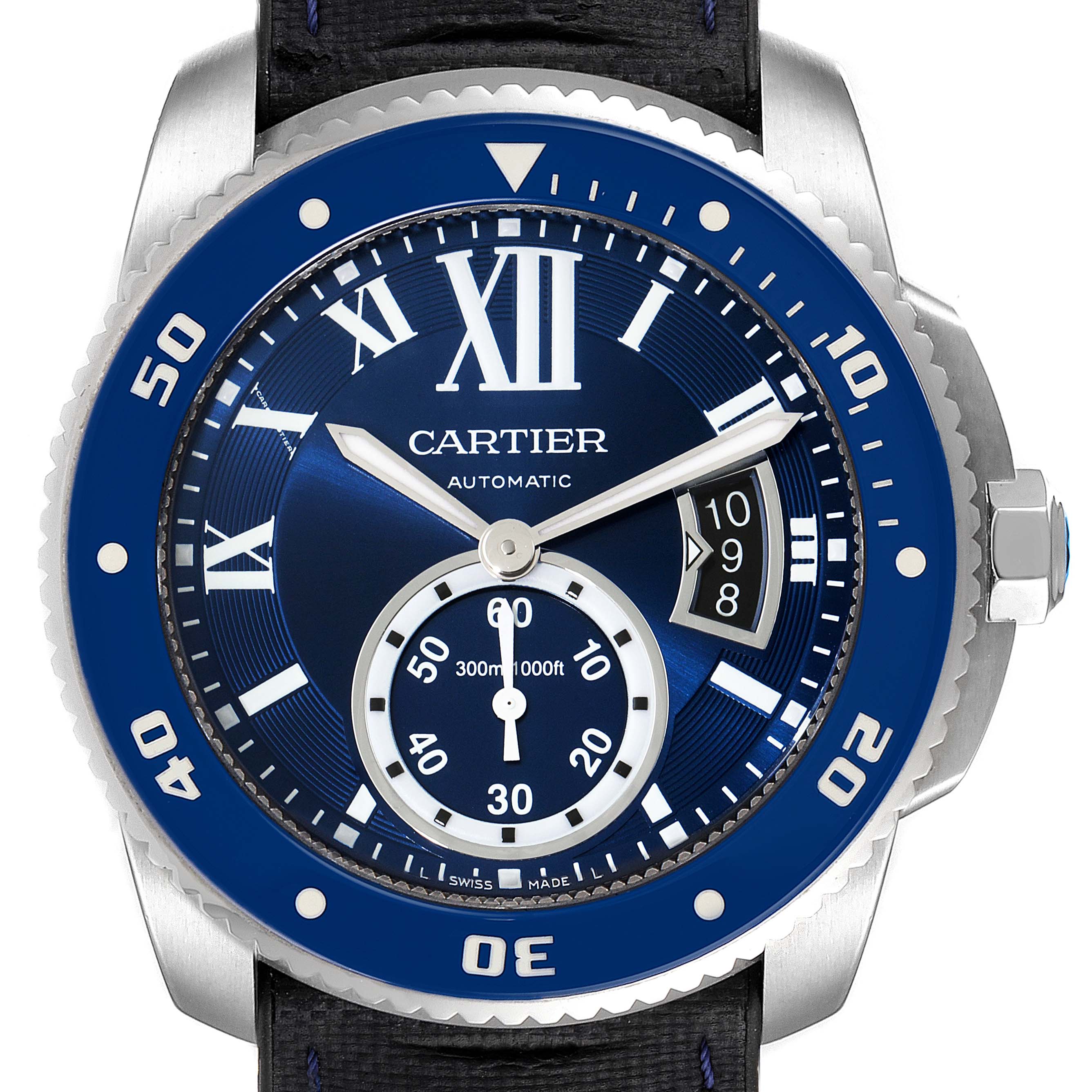 This Calibre de Cartier watch by Cartier is shown from a front angle, displaying its blue dial, bezel, hands, and date window.