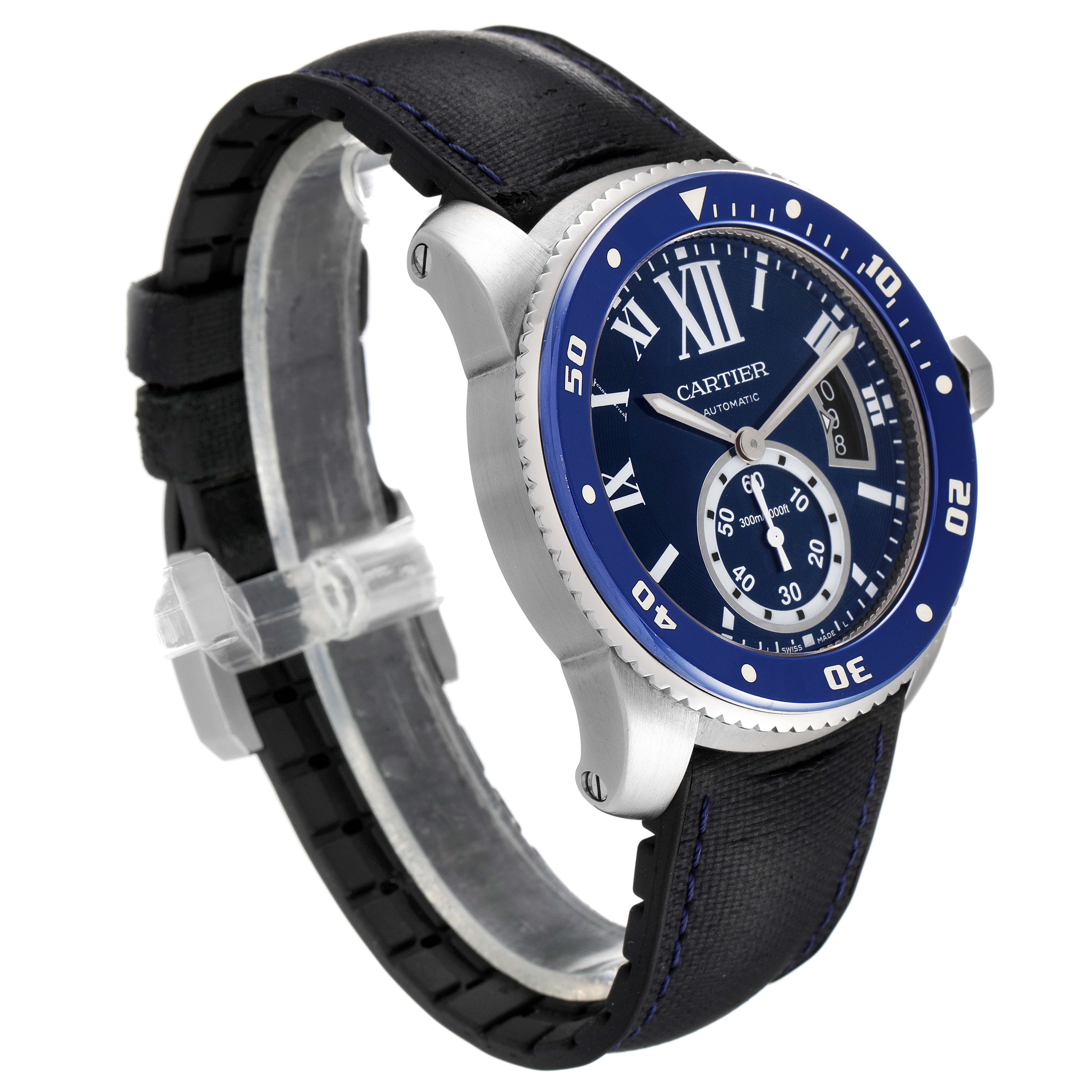 The image shows a Calibre de Cartier watch at a three-quarter angle displaying its face, bezel, and black strap.