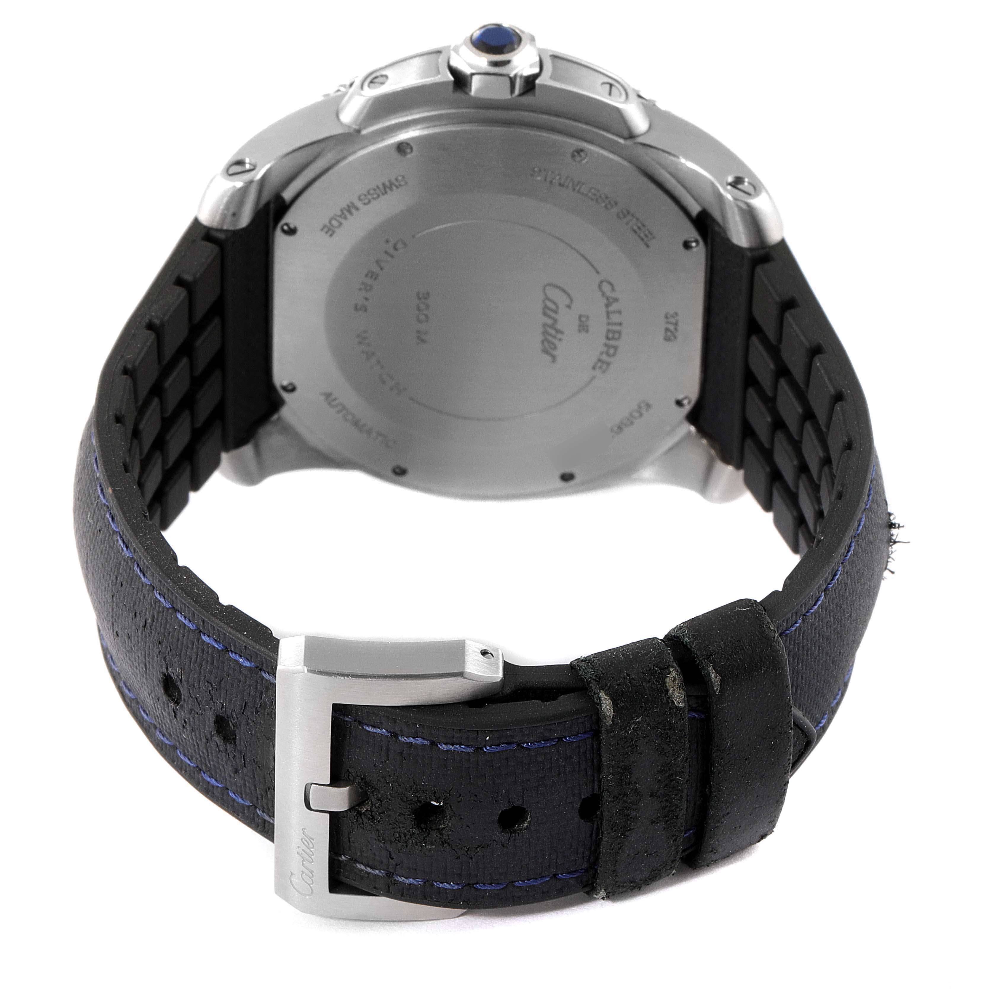 This image shows the back view of a Calibre de Cartier watch by Cartier, highlighting its case back, strap, and buckle.