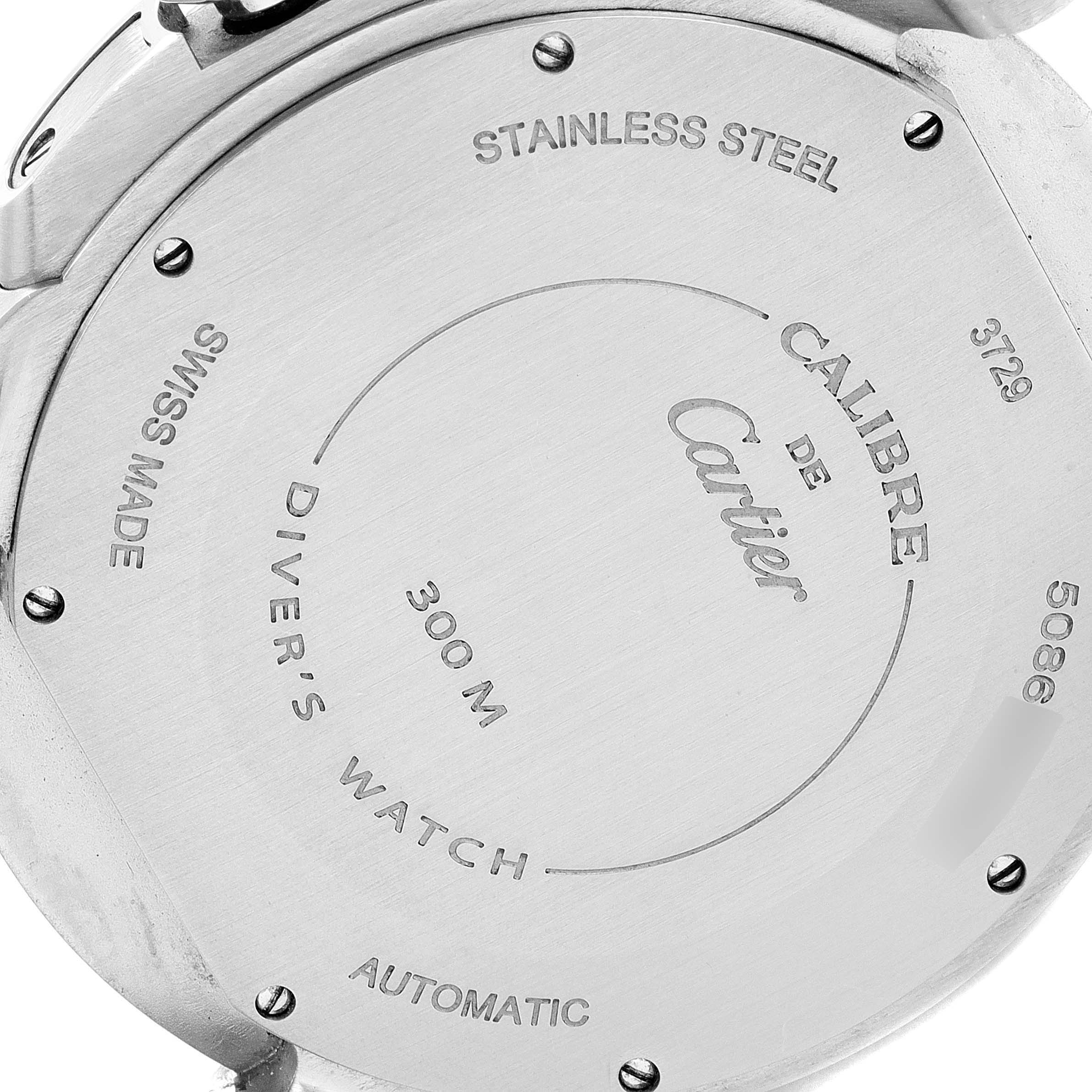 The image shows the stainless steel case back of a Calibre de Cartier Diver's Watch by Cartier, indicating "300m" water resistance and "automatic" movement.
