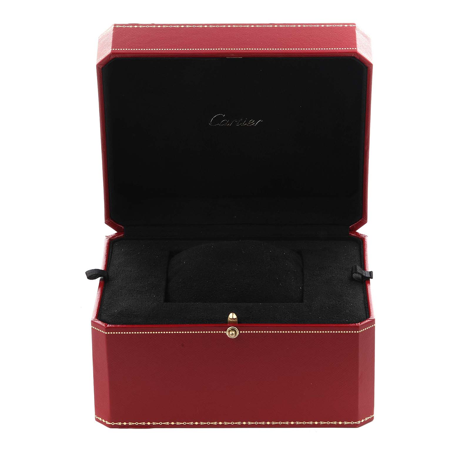 The image shows a Cartier watch box for the Calibre de Cartier, open to display the interior with cushion.