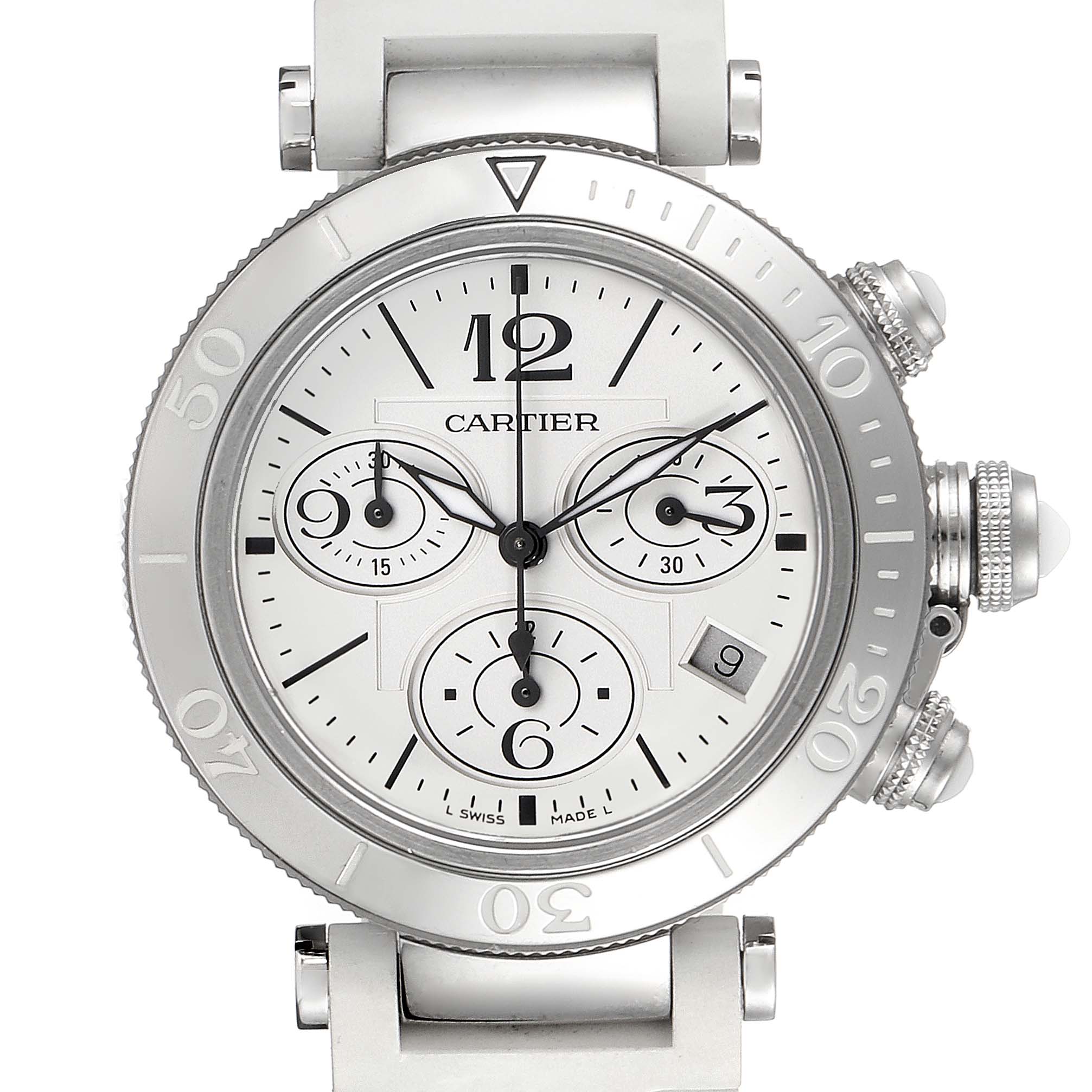 The image shows a front-facing view of the Cartier Pasha W3140005 Women's Stainless Steel White Dial W3140005 Women's Stainless Steel White Dial watch, displaying the dial, bezel, crown, and pushers.