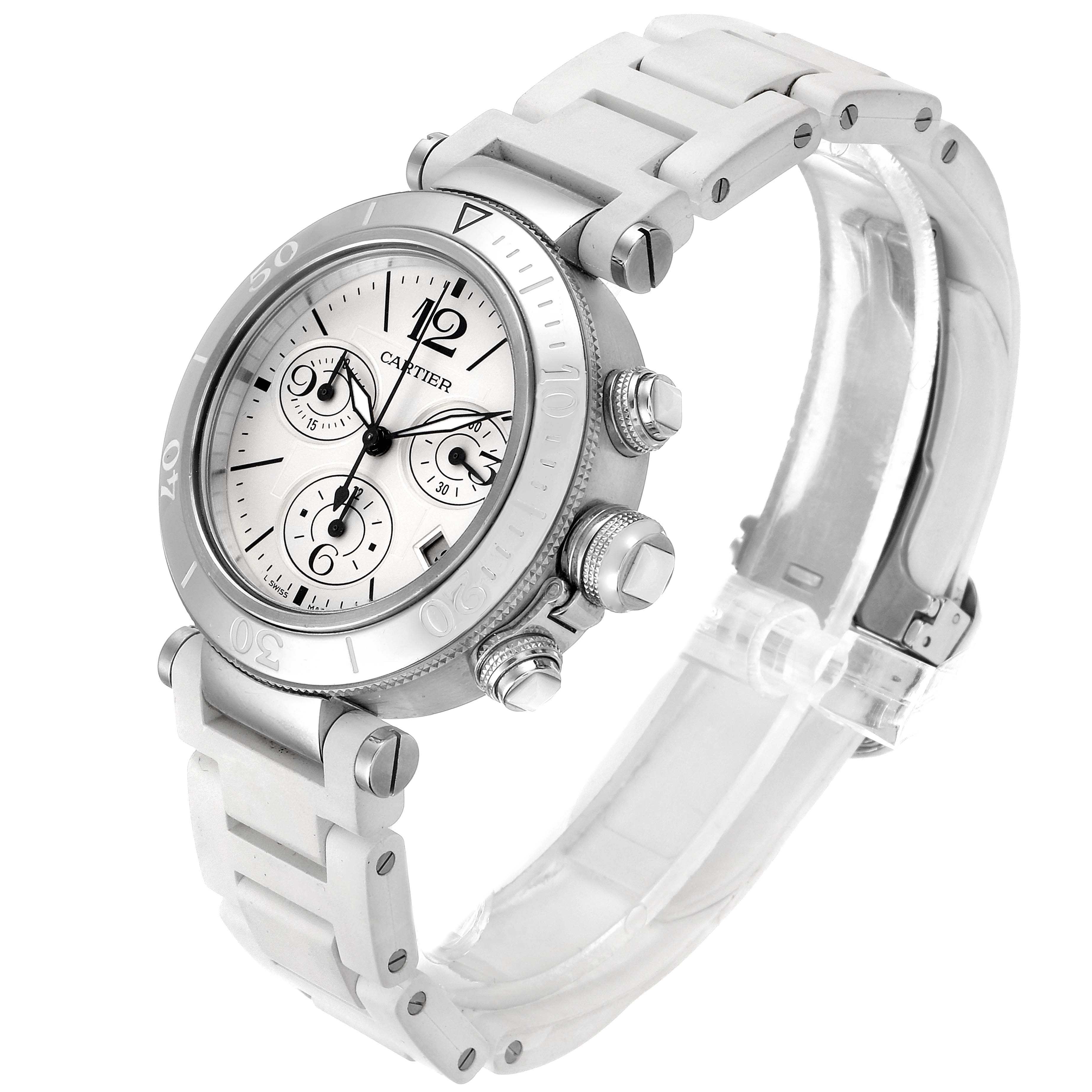 This image shows a Cartier Pasha W3140005 Women's Stainless Steel White Dial W3140005 Women's Stainless Steel White Dial model watch displayed at a slight angle, highlighting the face, crown, and part of the stainless steel bracelet.